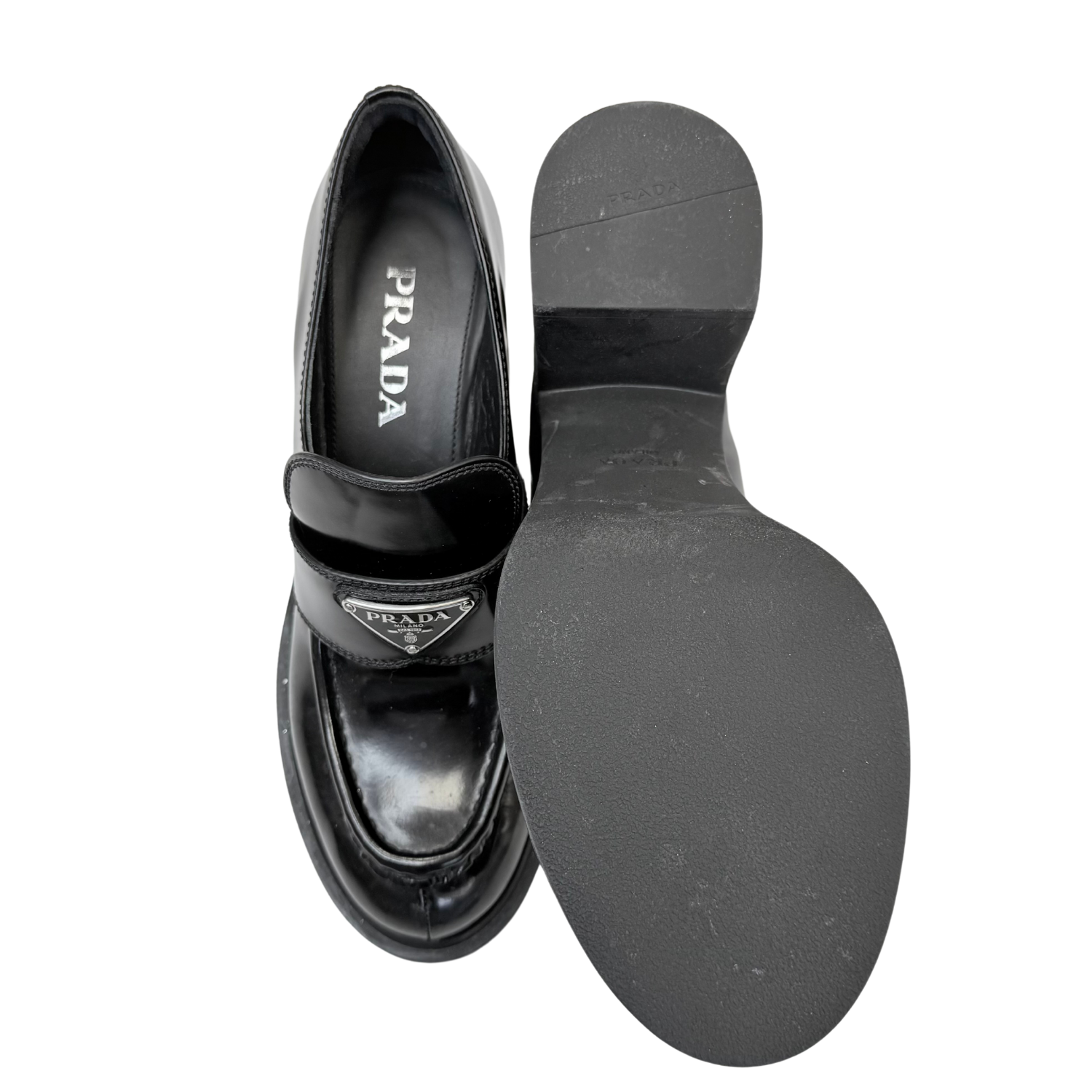 Prada Spazzolato Heeled Loafers Black