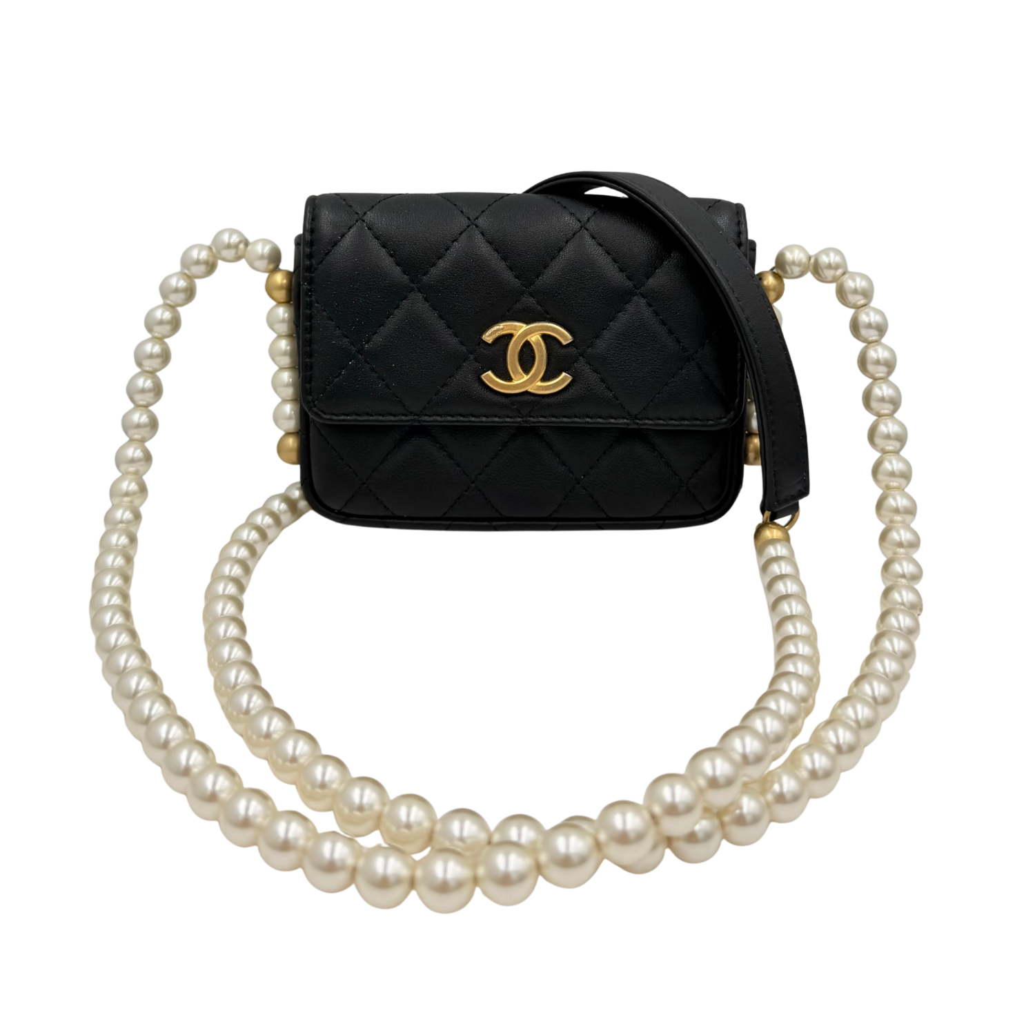 Chanel Mini Flap Card Holder with Imitation Pearl Strap Wallet on Chain Black