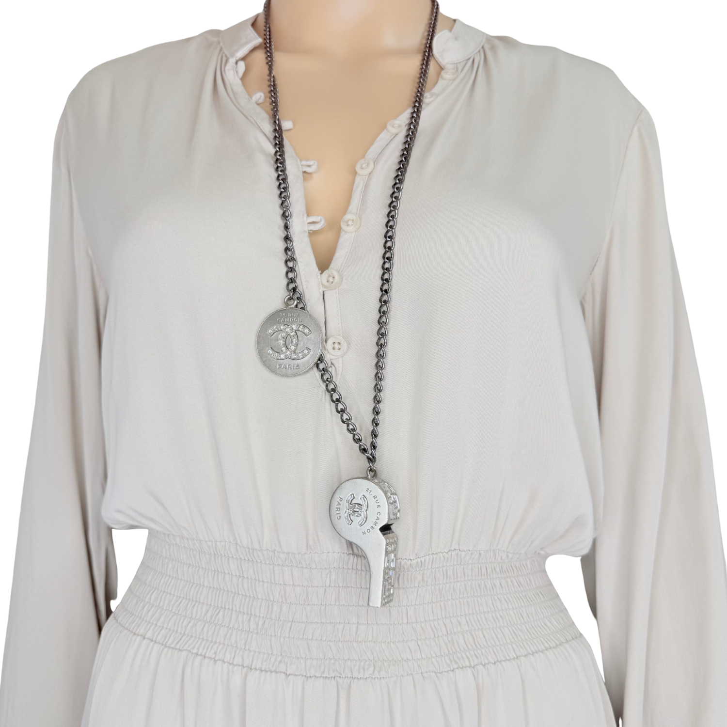 Chanel Strass CC Whistle Pendant Necklace Adjustable Silver