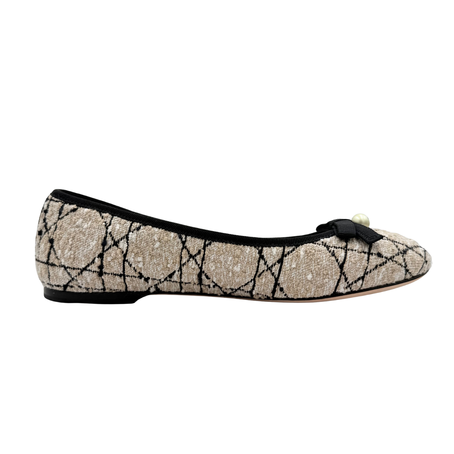 Christian Dior Tweed Cannage Ballet Flat Beige and Black