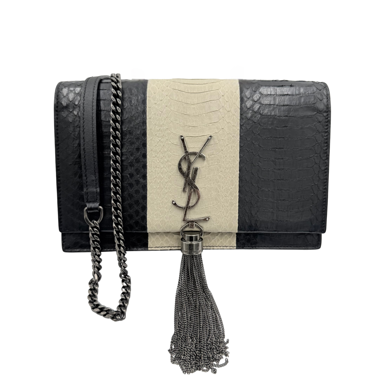 Yves Saint Laurent Small Classic Monogram Tassel Wallet on Chain Black Ecru