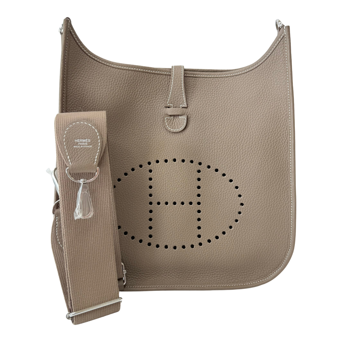 Hermes Mini Evelyne TPM 16 Etoupe Clemence Gold hardware  Hermes Evelyn etoupe color in pm size display picture 1