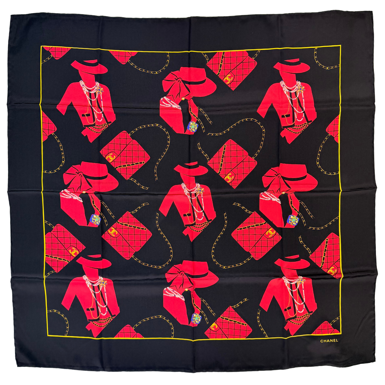 シャネル CHANEL スカーフ マトラッセ レッド×ブラック　86×85cm Chanel Mademoiselle Silk Scarf Black and Red