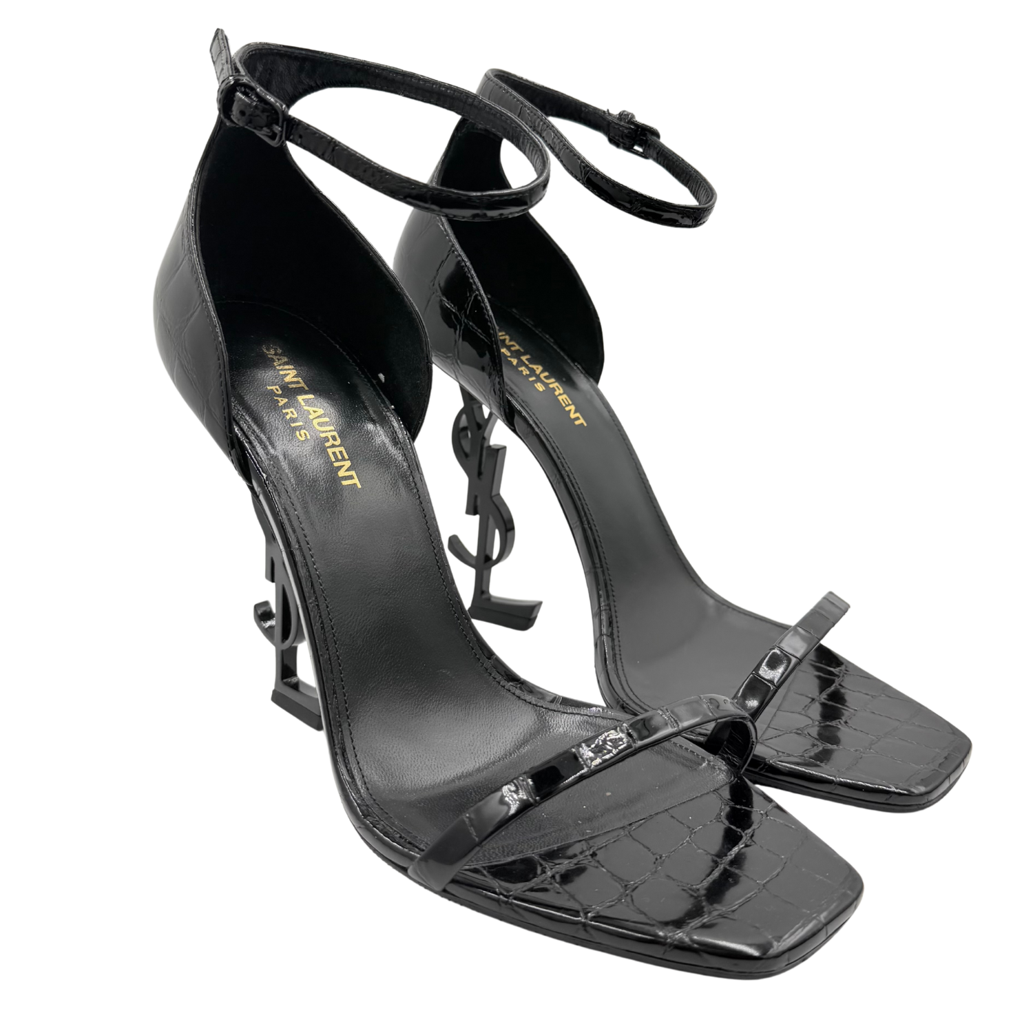 Yves Saint Laurent Opyum Heeled Sandals in Pressed Crocodile Black