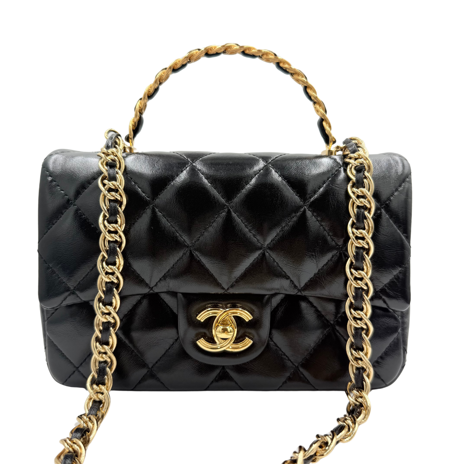 Chanel Metier's D'Art Runway Shiny Quilted Golden Links Top Handle Flap Bag Black