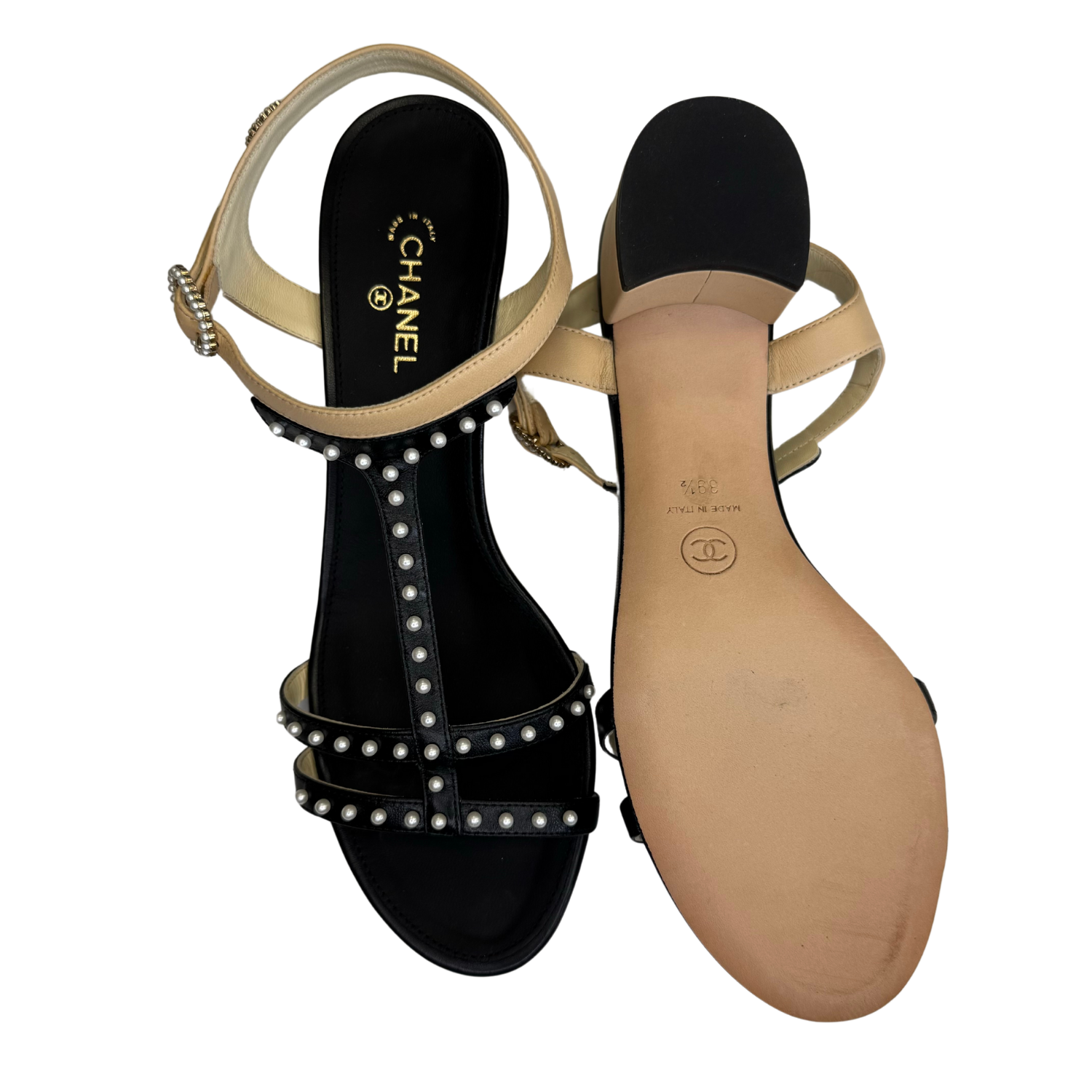 Chanel Satin Pearl Sandals Black & Beige