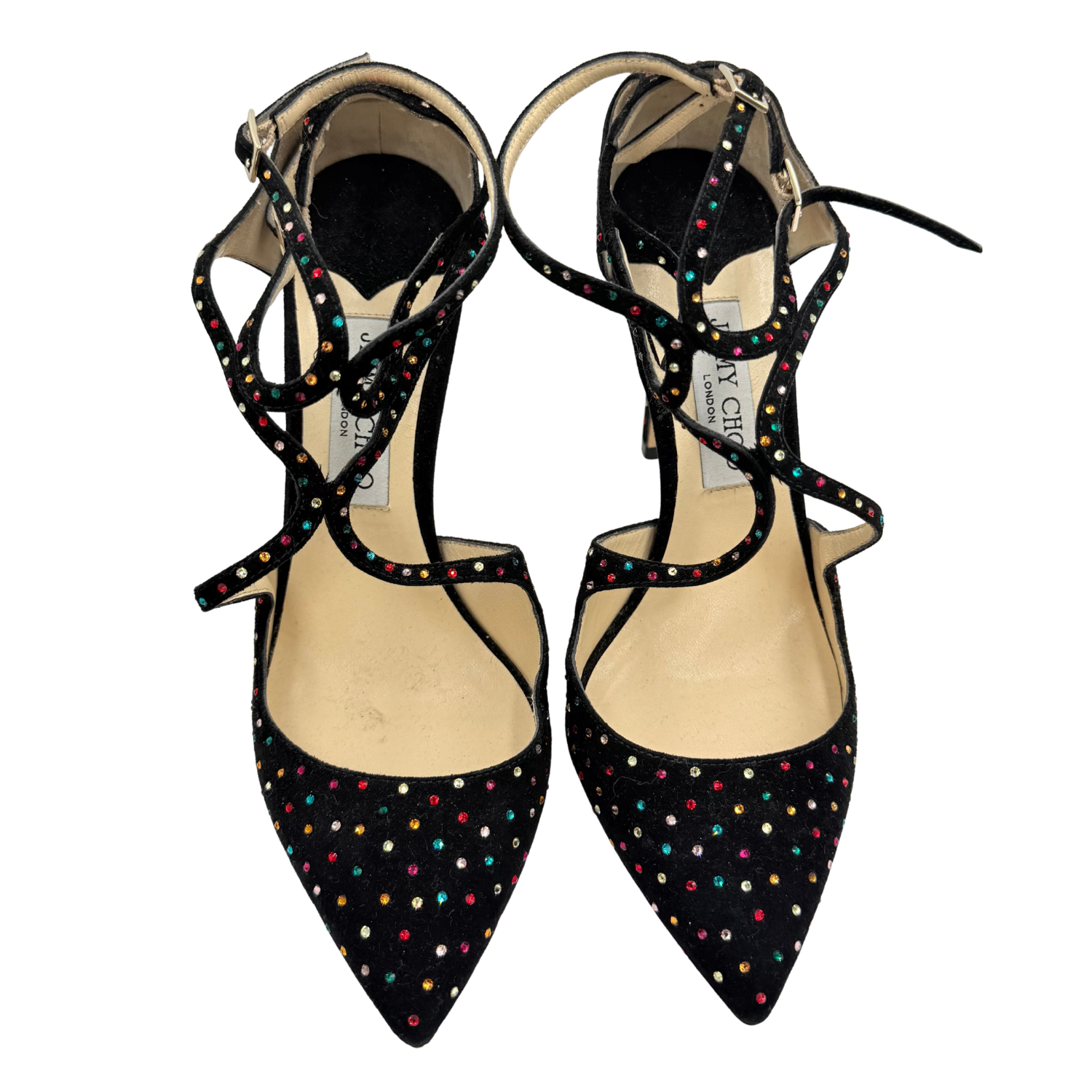 Jimmy Choo Suede Crystal Embellishments T-Strap Pumps Black