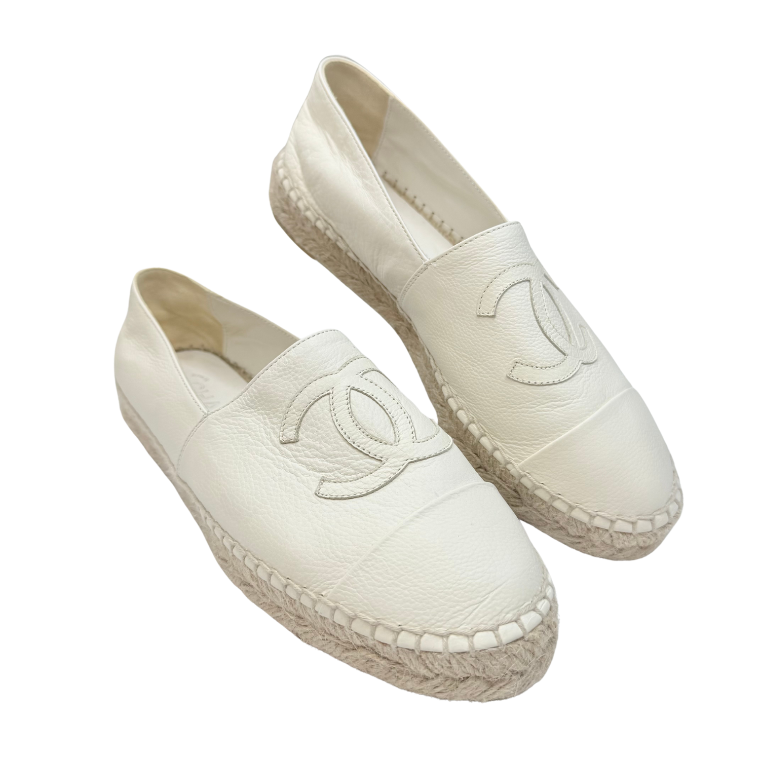 Chanel Interlocking CC Leather Espadrilles Cream