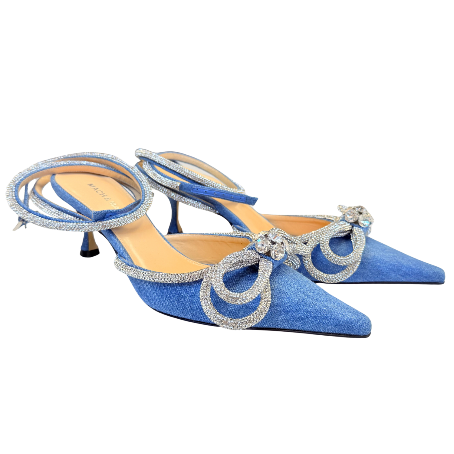 Mach & Mach Strass Bow Double Ankle-Strap Denim Pumps