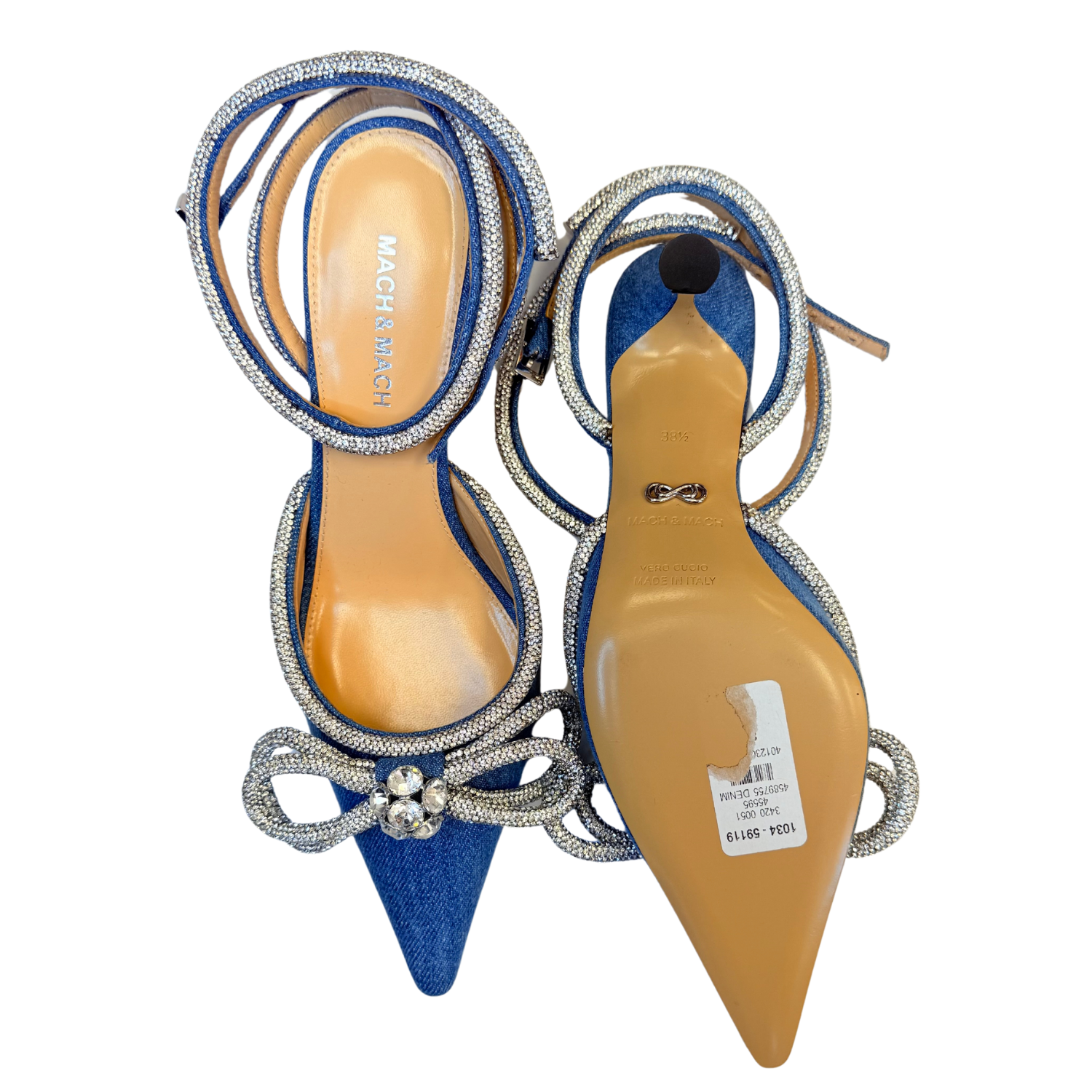 Mach & Mach Strass Bow Double Ankle-Strap Denim Pumps