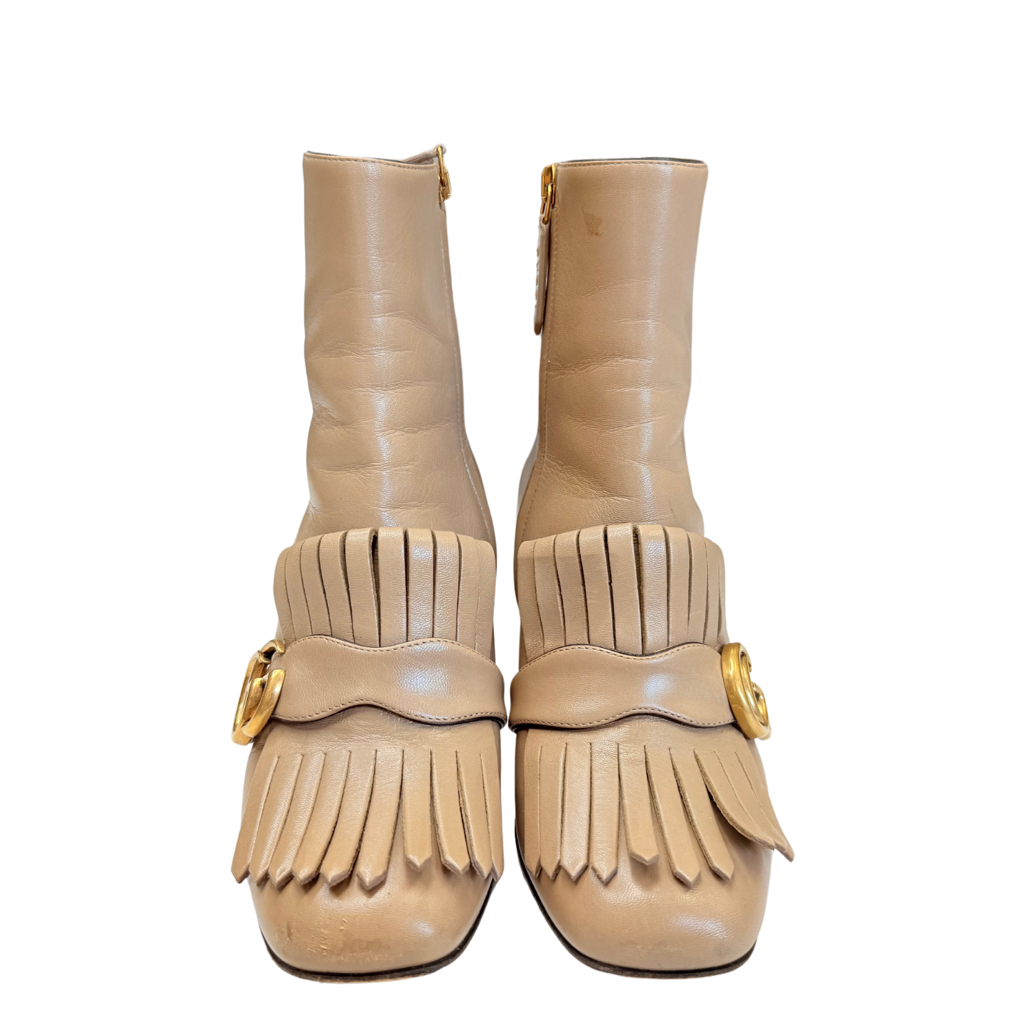 Gucci Malaga Kid GG Marmont Fringe 75mm Ankle Boots Mud
