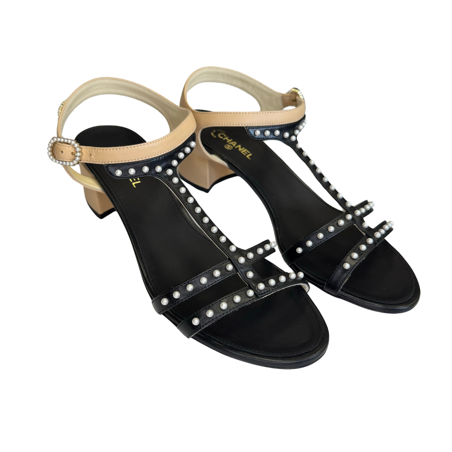 Chanel Satin Pearl Sandals Black & Beige