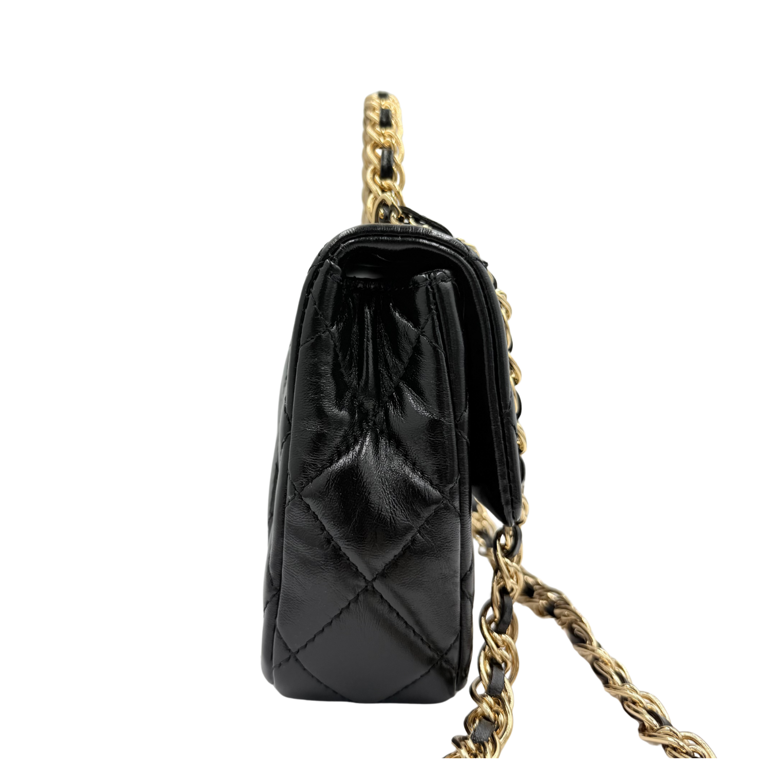 Chanel Metier's D'Art Runway Shiny Quilted Golden Links Top Handle Flap Bag Black