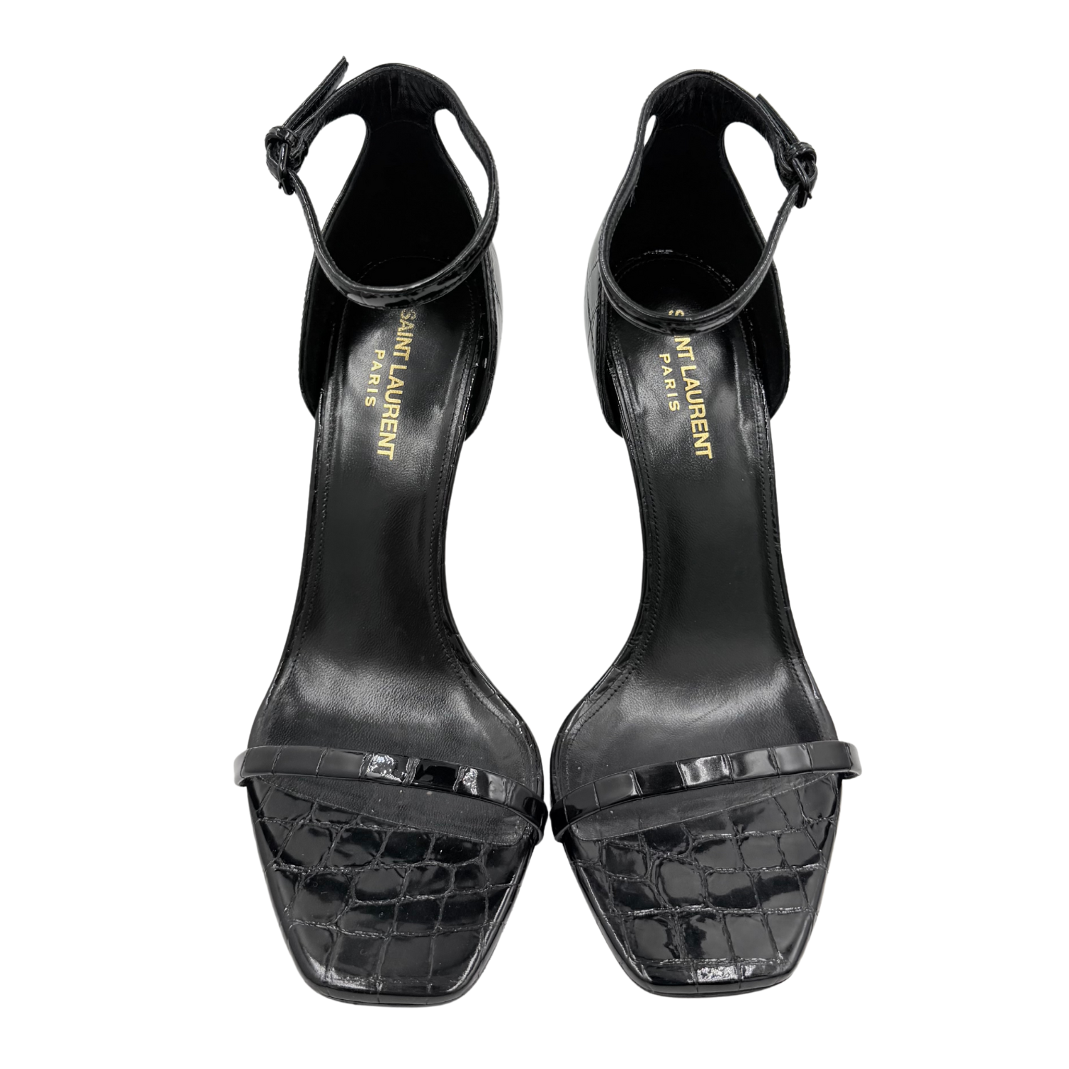 Yves Saint Laurent Opyum Heeled Sandals in Pressed Crocodile Black