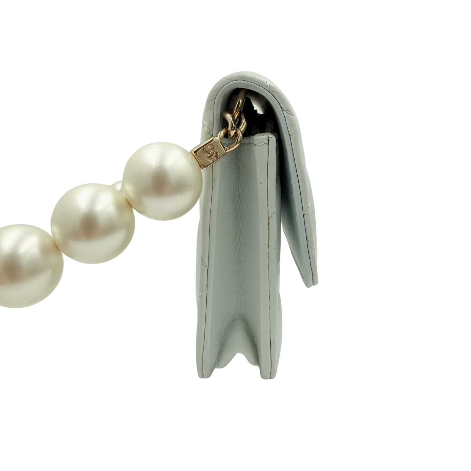 Chanel Quilted Lambskin Imitation Pearl Wallet on Chain Light Blue