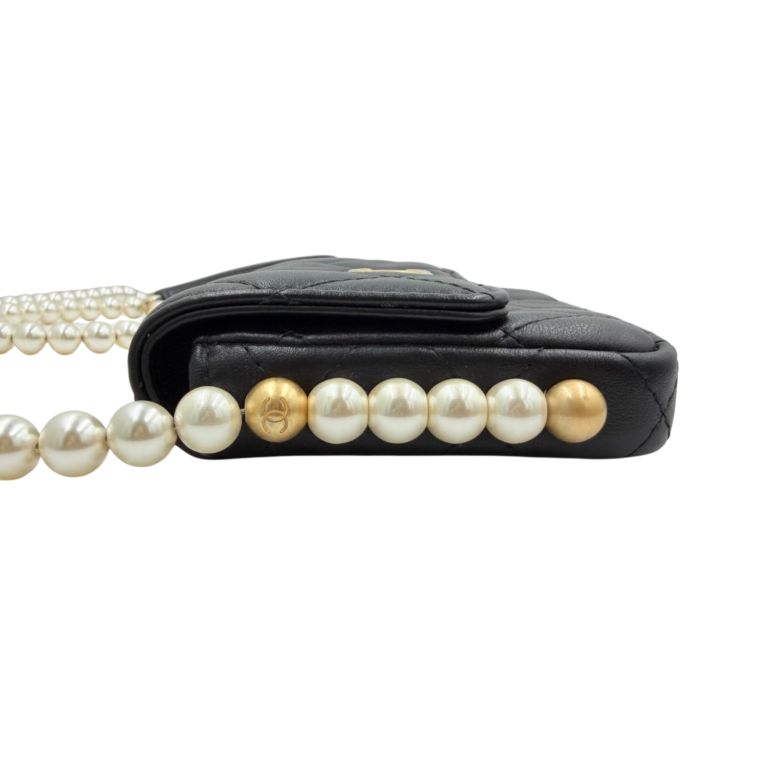 Chanel Mini Flap Card Holder with Imitation Pearl Strap Wallet on Chain Black