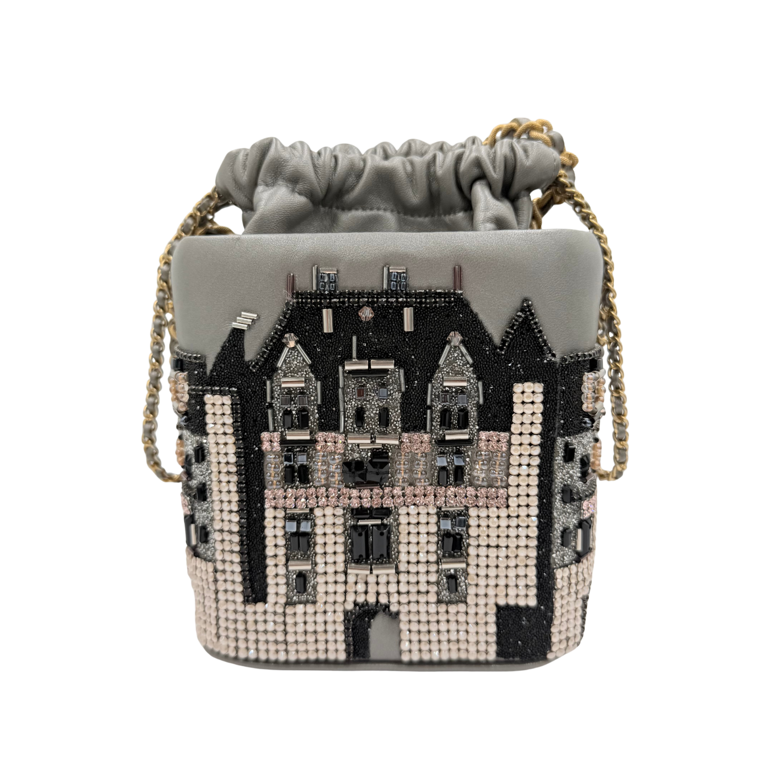 Chanel Limited Metallic Lambskin Crystal Metiers D'Art Chateau de Chenonceau Bucket Bag Grey