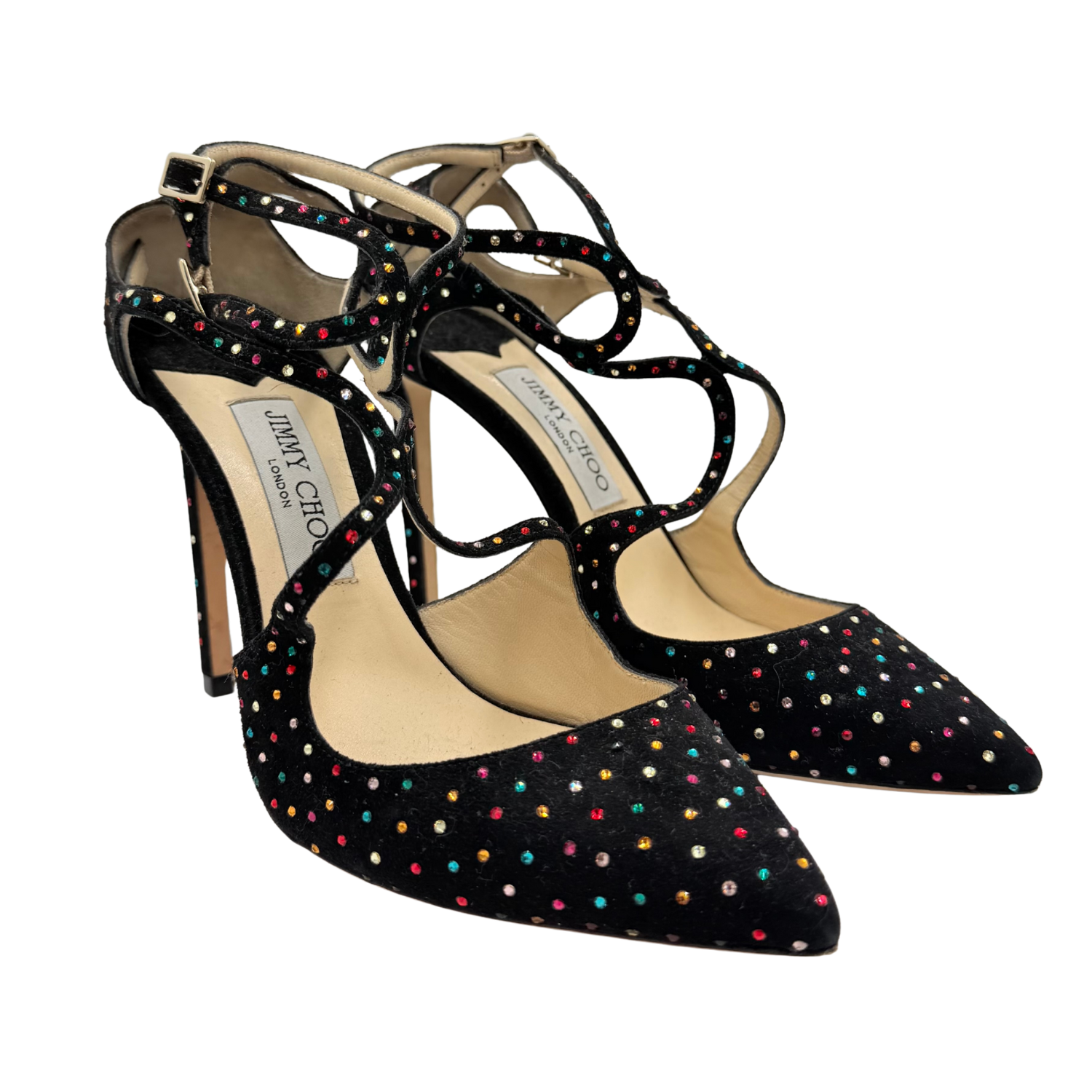 Jimmy Choo Suede Crystal Embellishments T-Strap Pumps Black