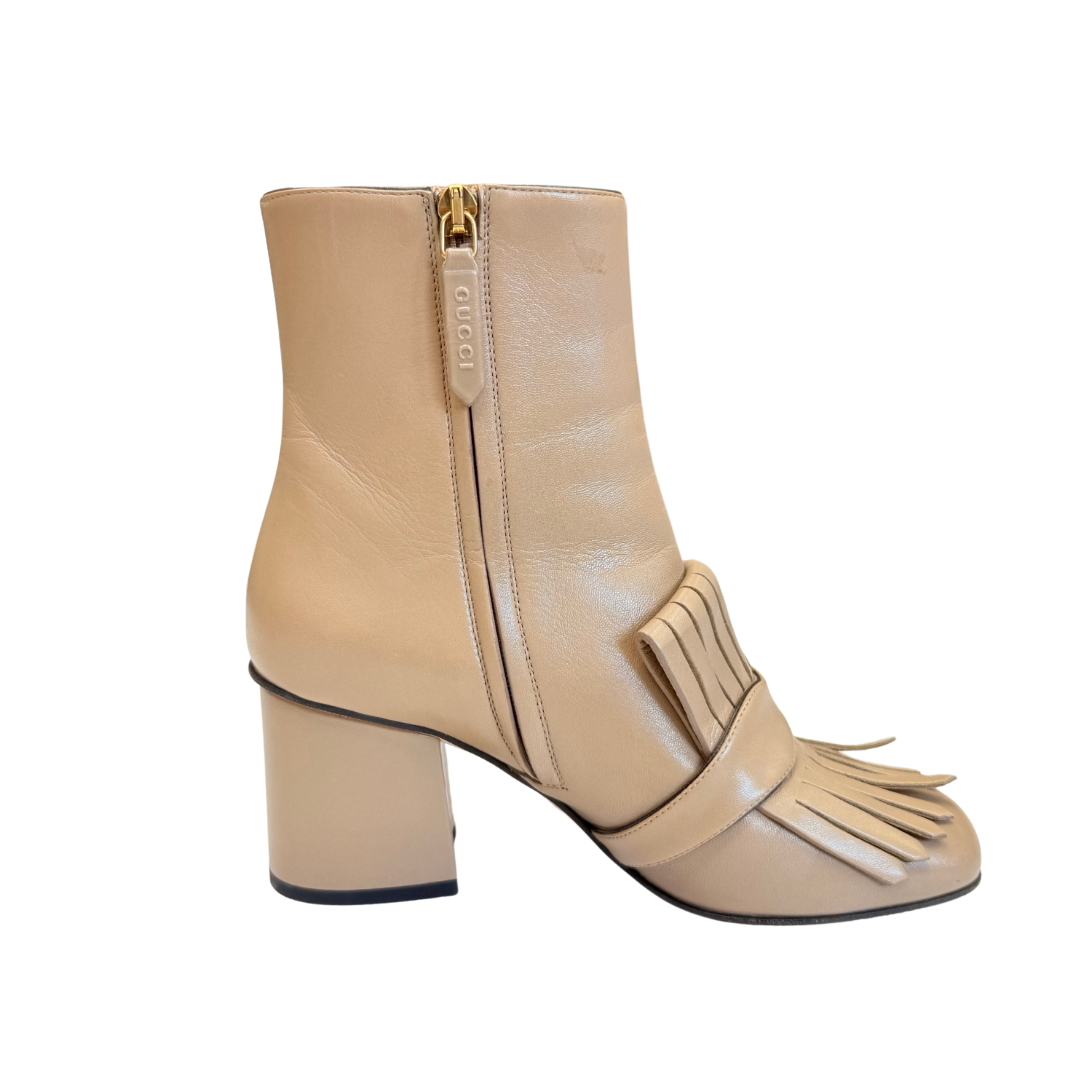 Gucci Malaga Kid GG Marmont Fringe 75mm Ankle Boots Mud