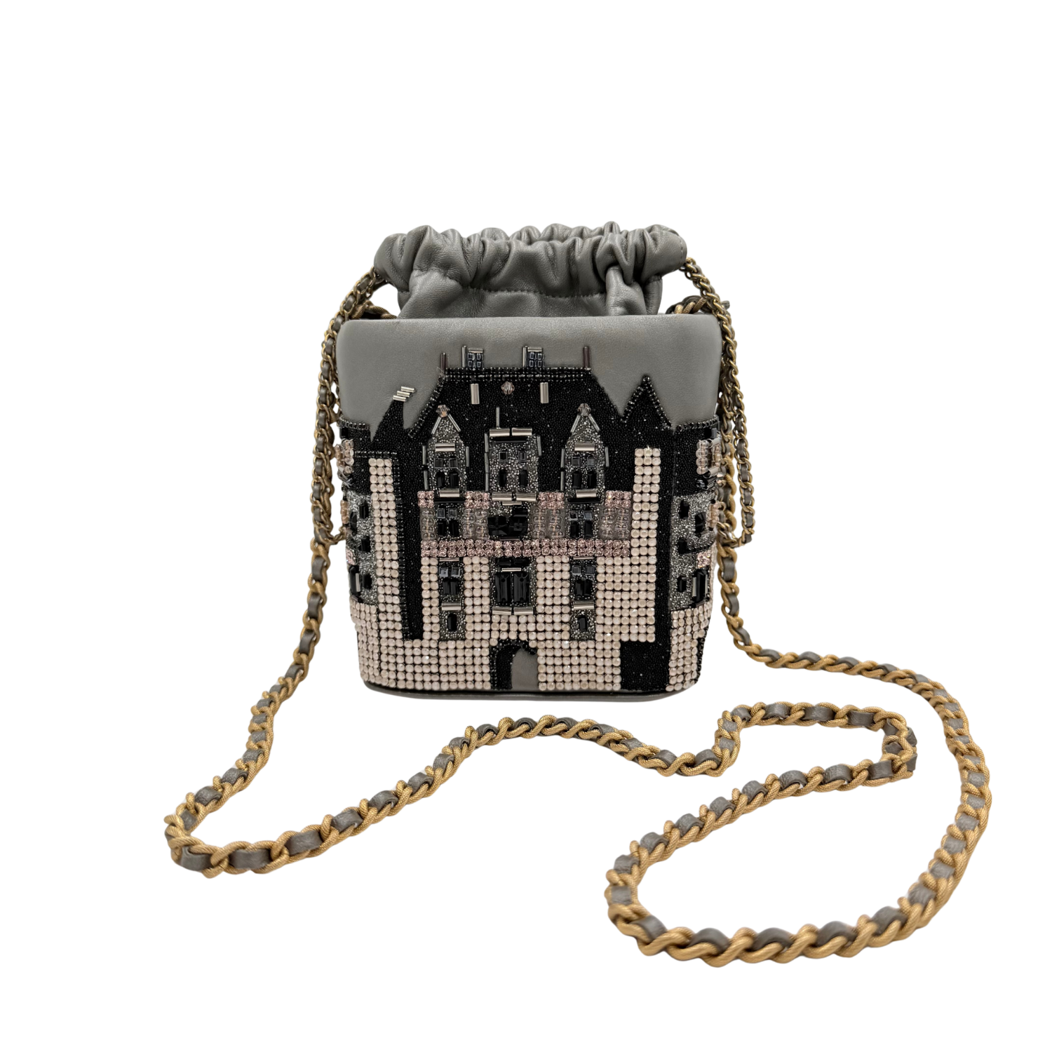 Chanel Limited Metallic Lambskin Crystal Metiers D'Art Chateau de Chenonceau Bucket Bag Grey