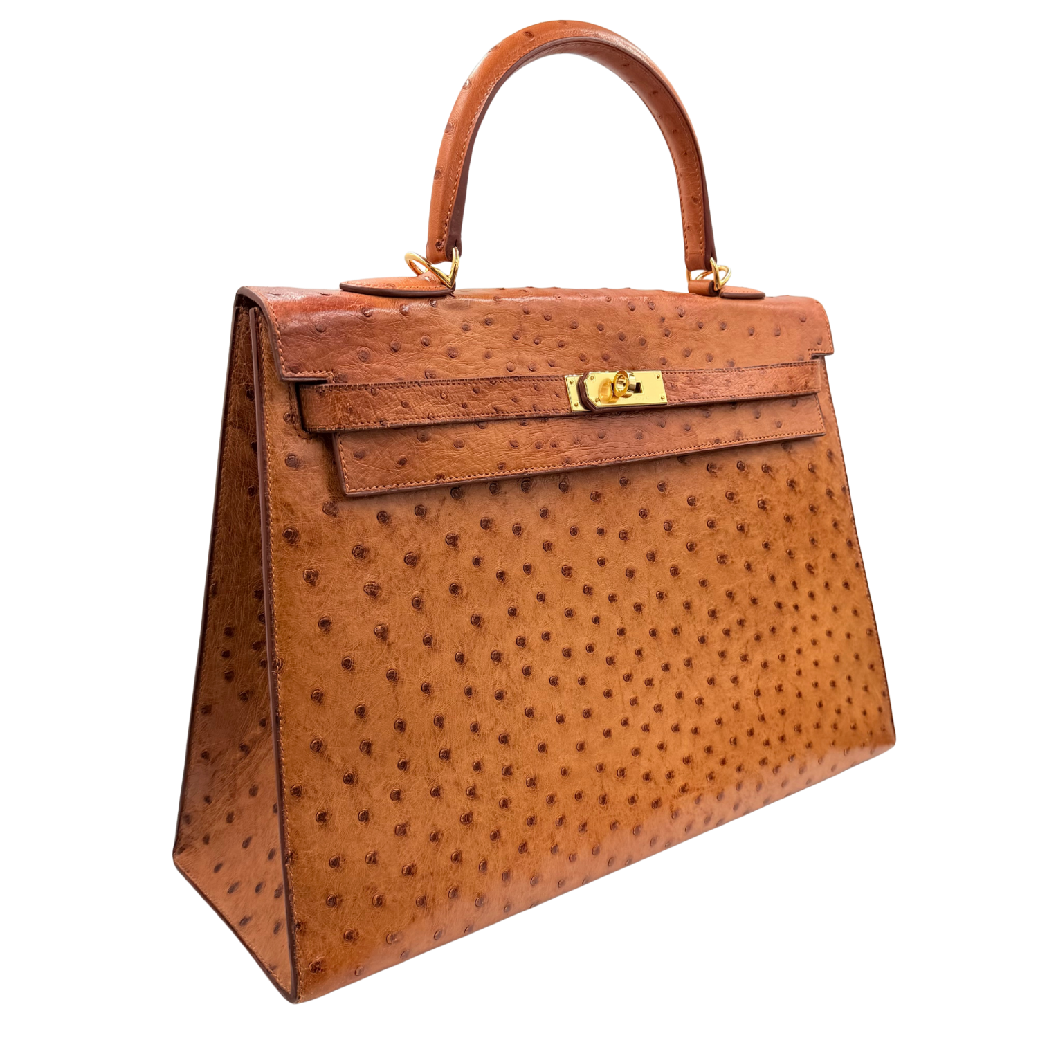 Hermès Vintage Kelly 35 Cognac Ostrich Sellier with Gold Hardware
