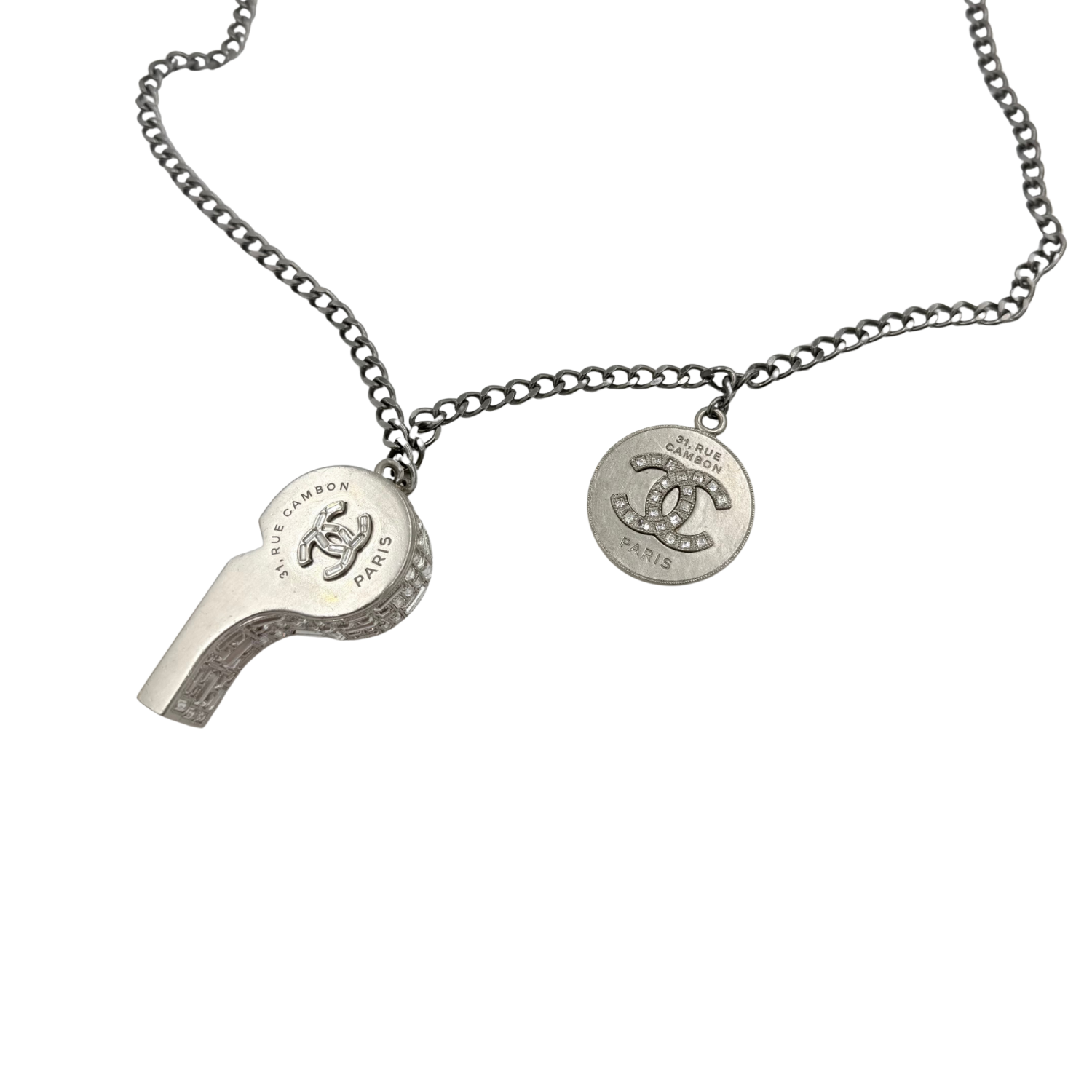 Chanel Strass CC Whistle Pendant Necklace Adjustable Silver