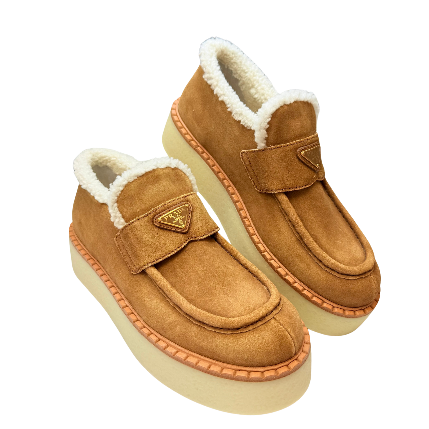 Prada Suede Shearling Platform Loafers