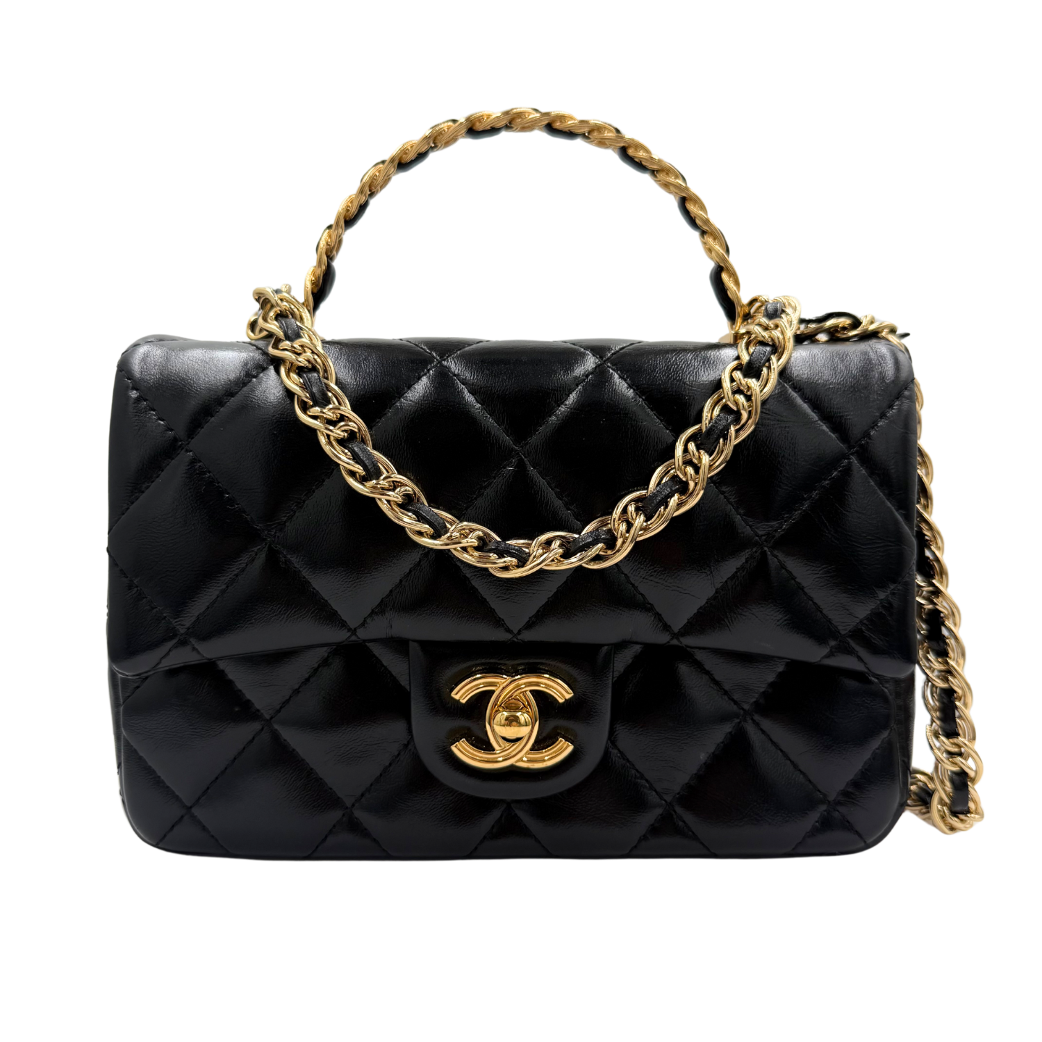 Chanel Metier's D'Art Runway Shiny Quilted Golden Links Top Handle Flap Bag Black