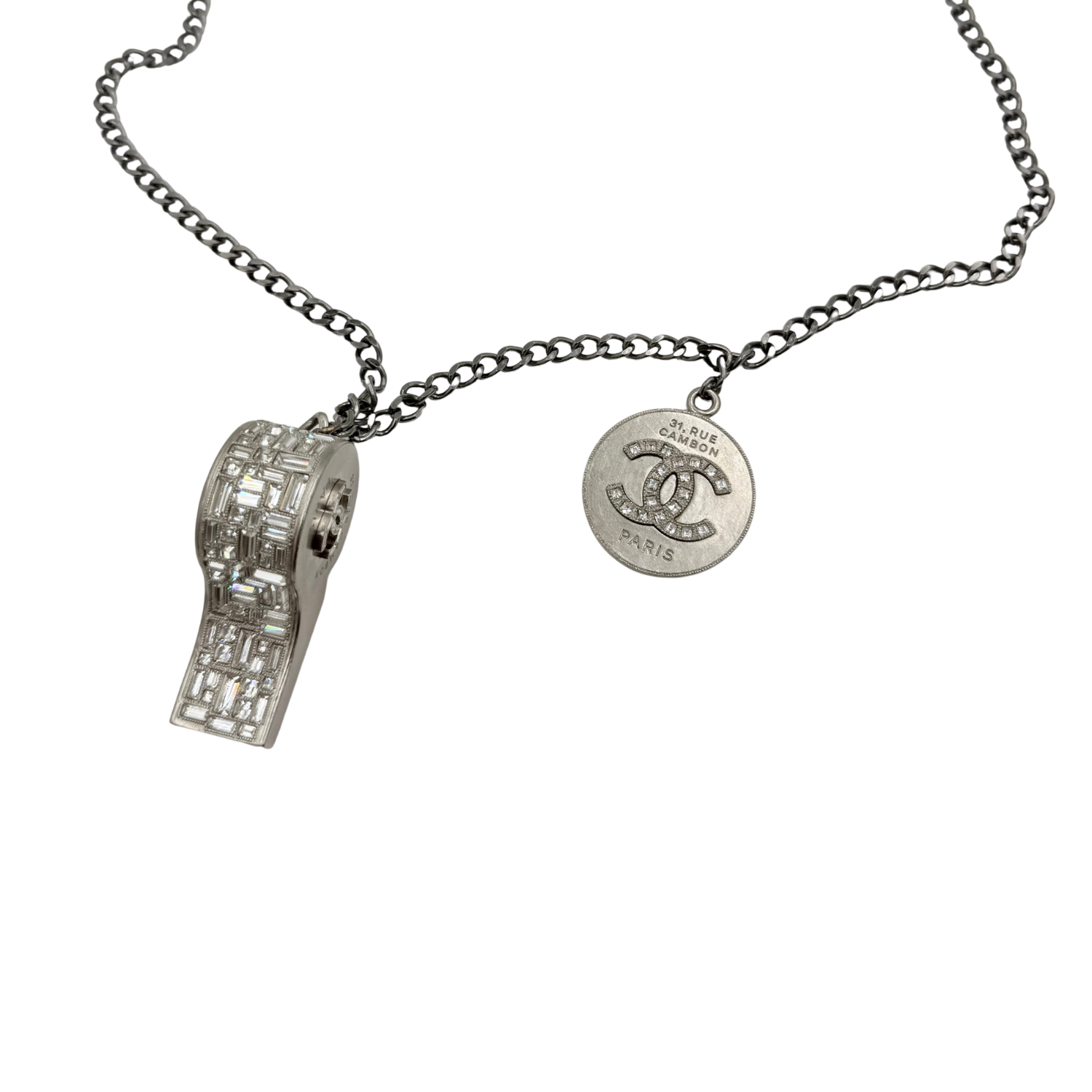 Chanel Strass CC Whistle Pendant Necklace Adjustable Silver
