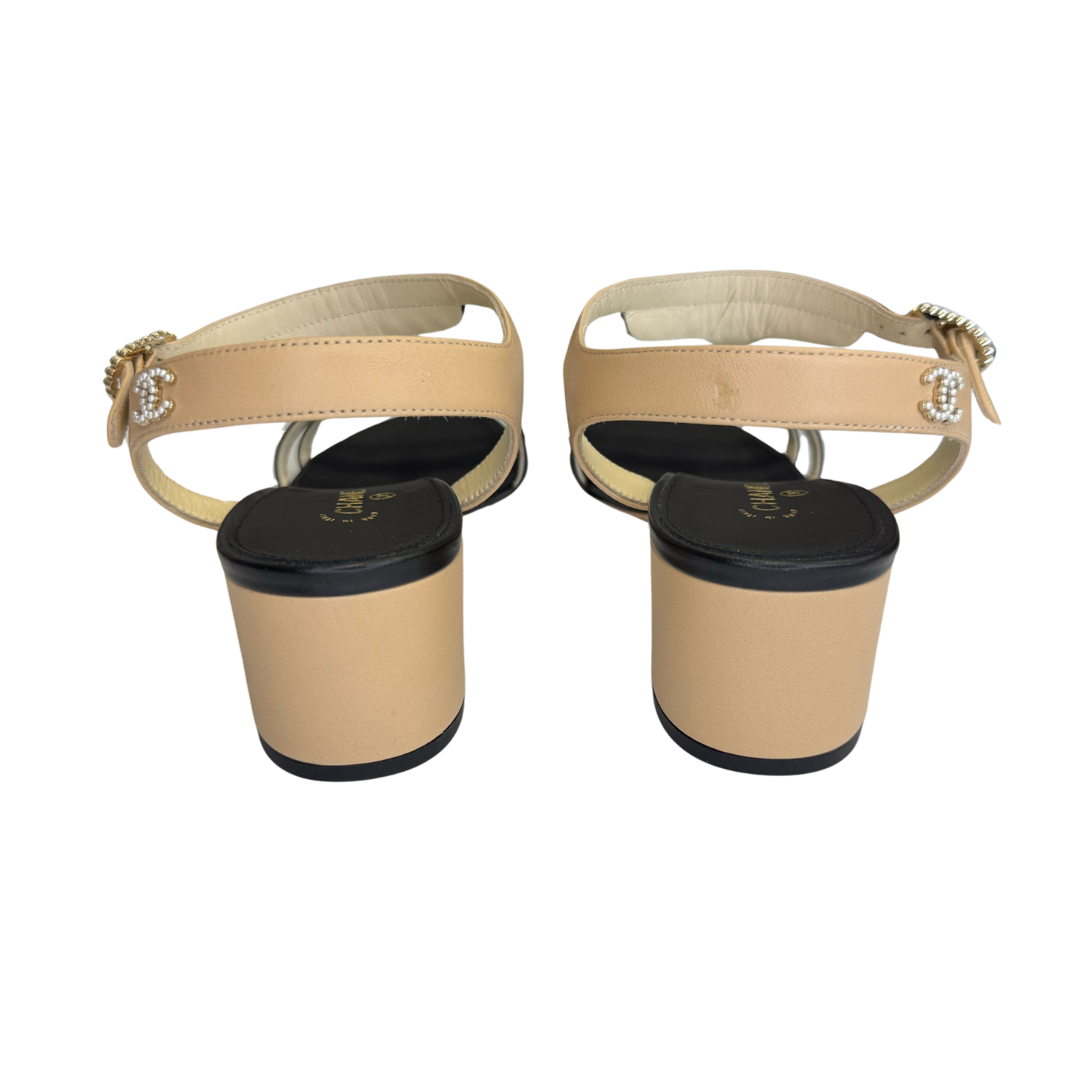 Chanel Satin Pearl Sandals Black & Beige