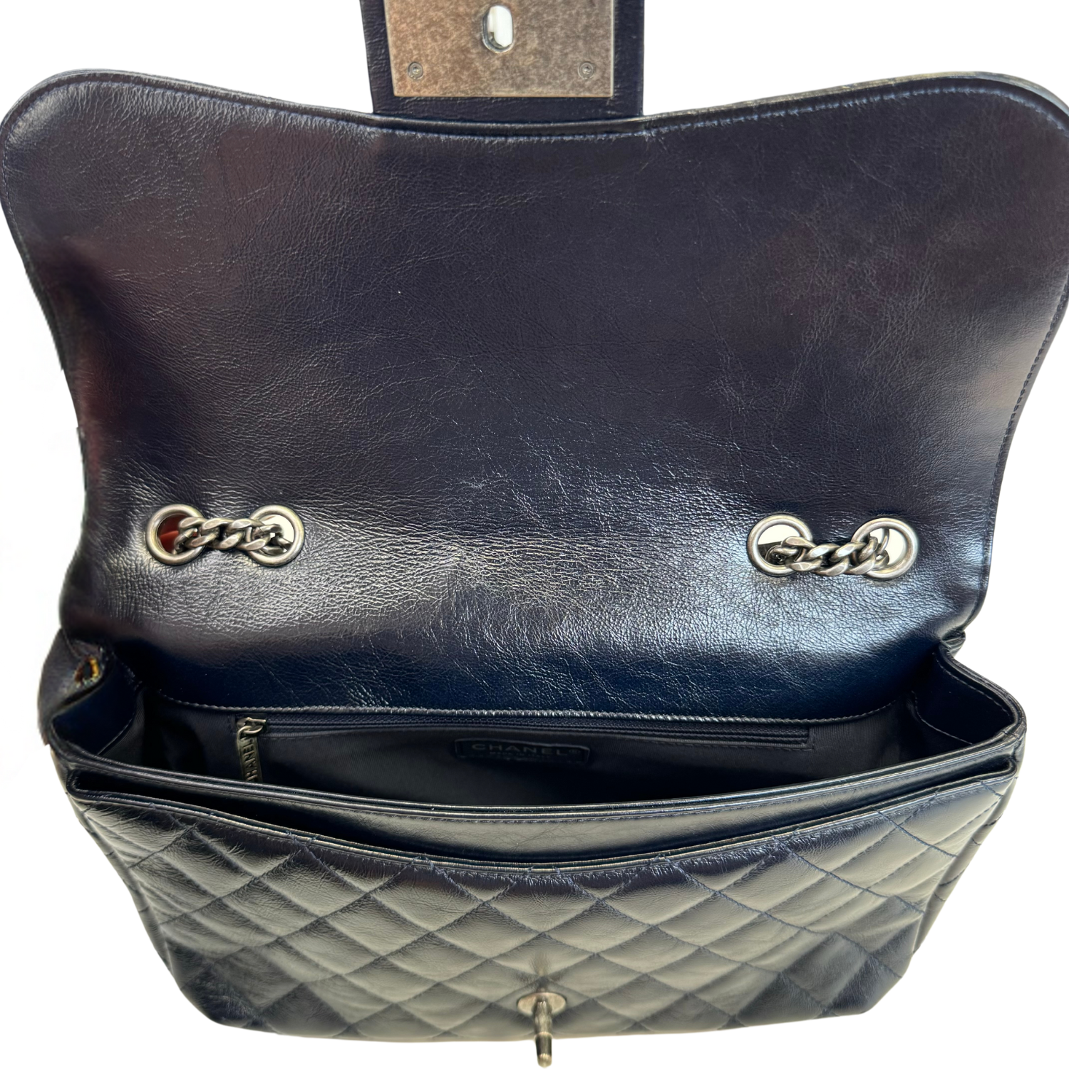 Chanel Single Flap Quilted Crinkled Calfskin Bag Navy