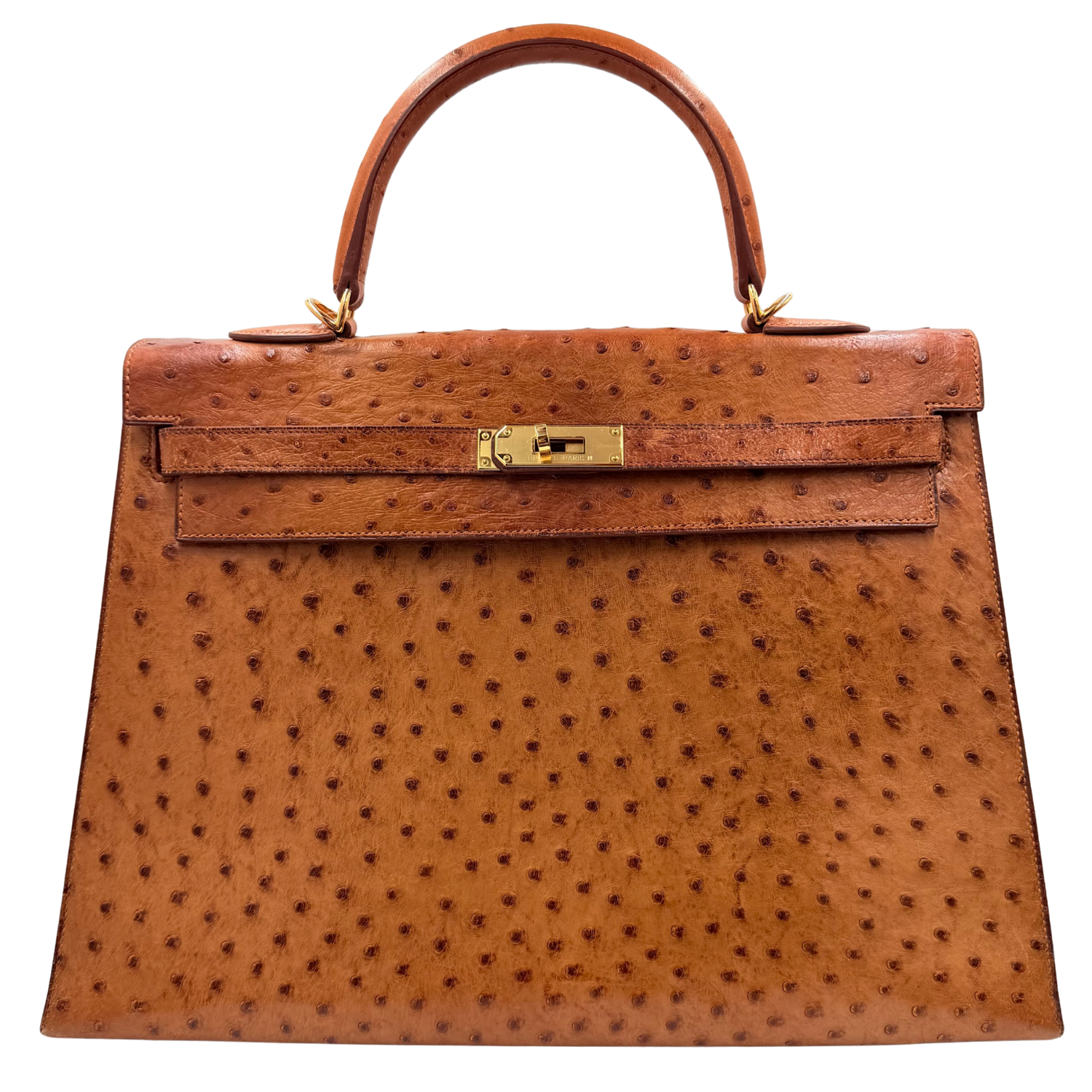 Hermès Vintage Kelly 35 Cognac Ostrich Sellier with Gold Hardware
