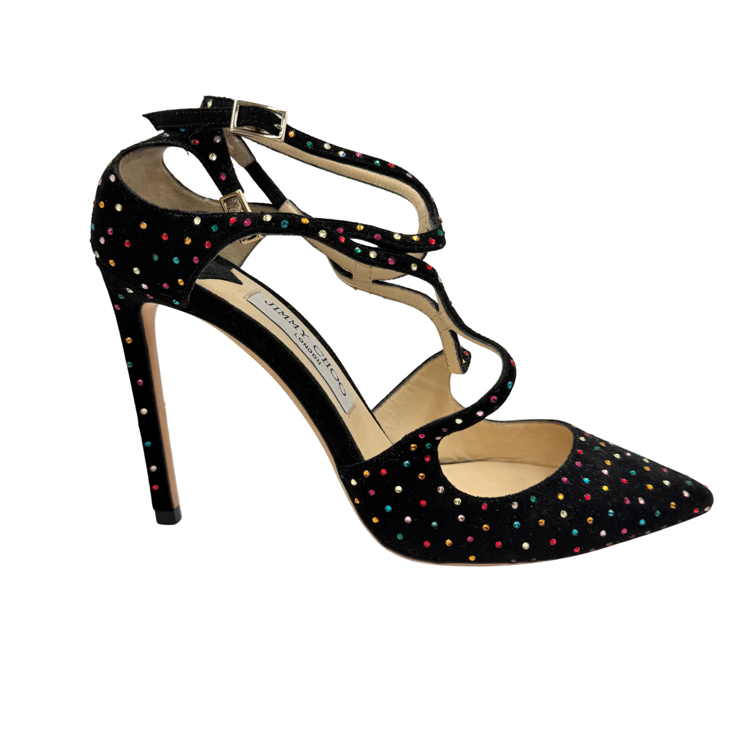 Jimmy Choo Suede Crystal Embellishments T-Strap Pumps Black