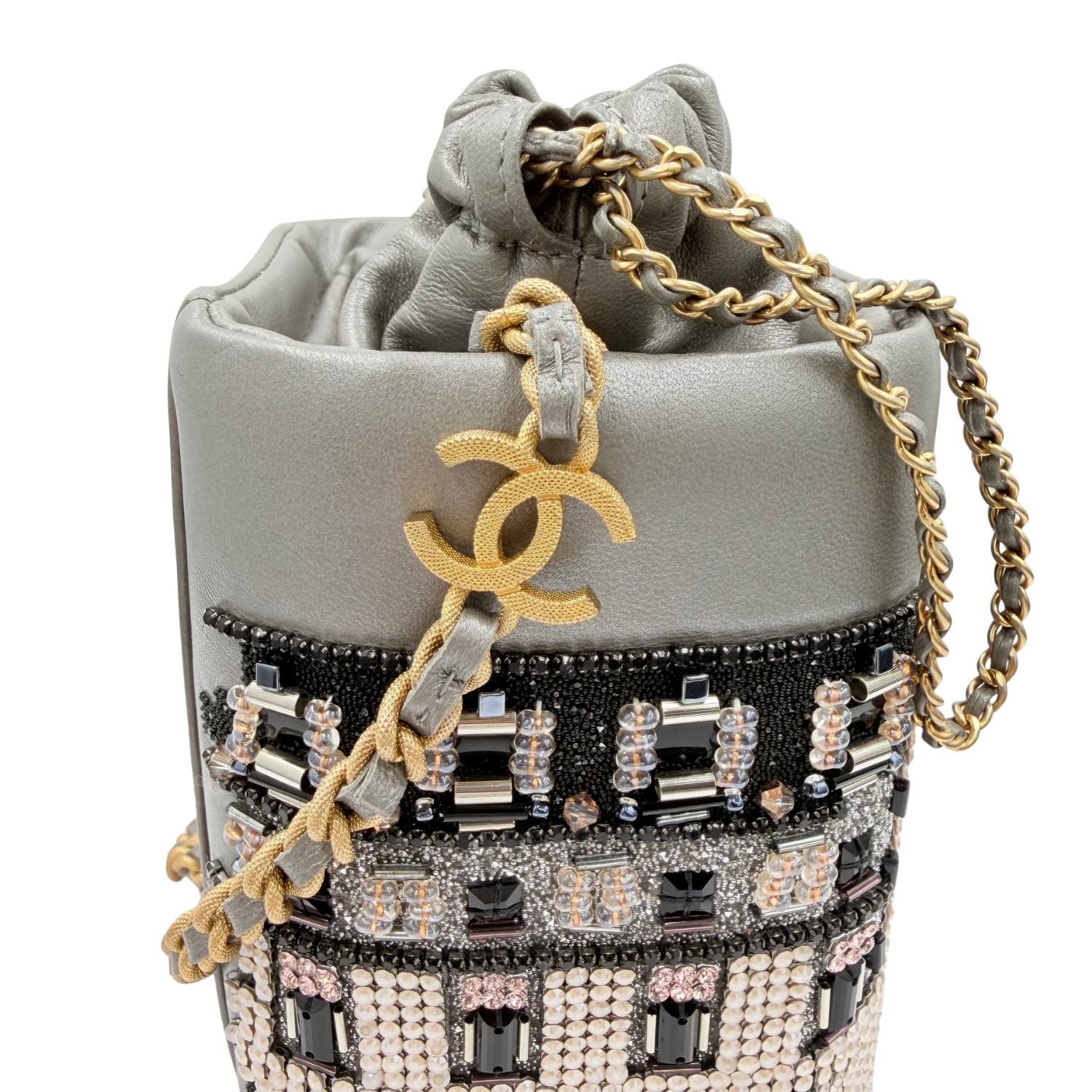 Chanel Limited Metallic Lambskin Crystal Metiers D'Art Chateau de Chenonceau Bucket Bag Grey