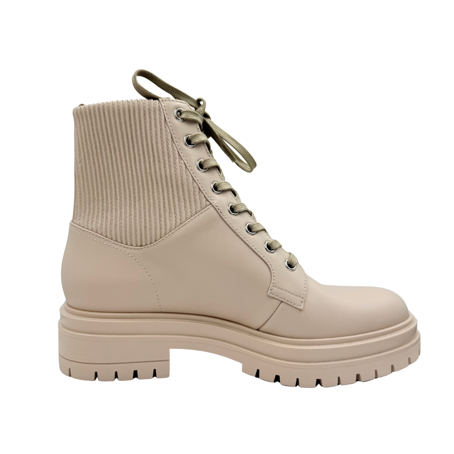 Gianvito Rossi Martis Rib-Knit Leather Combat Boots Beige