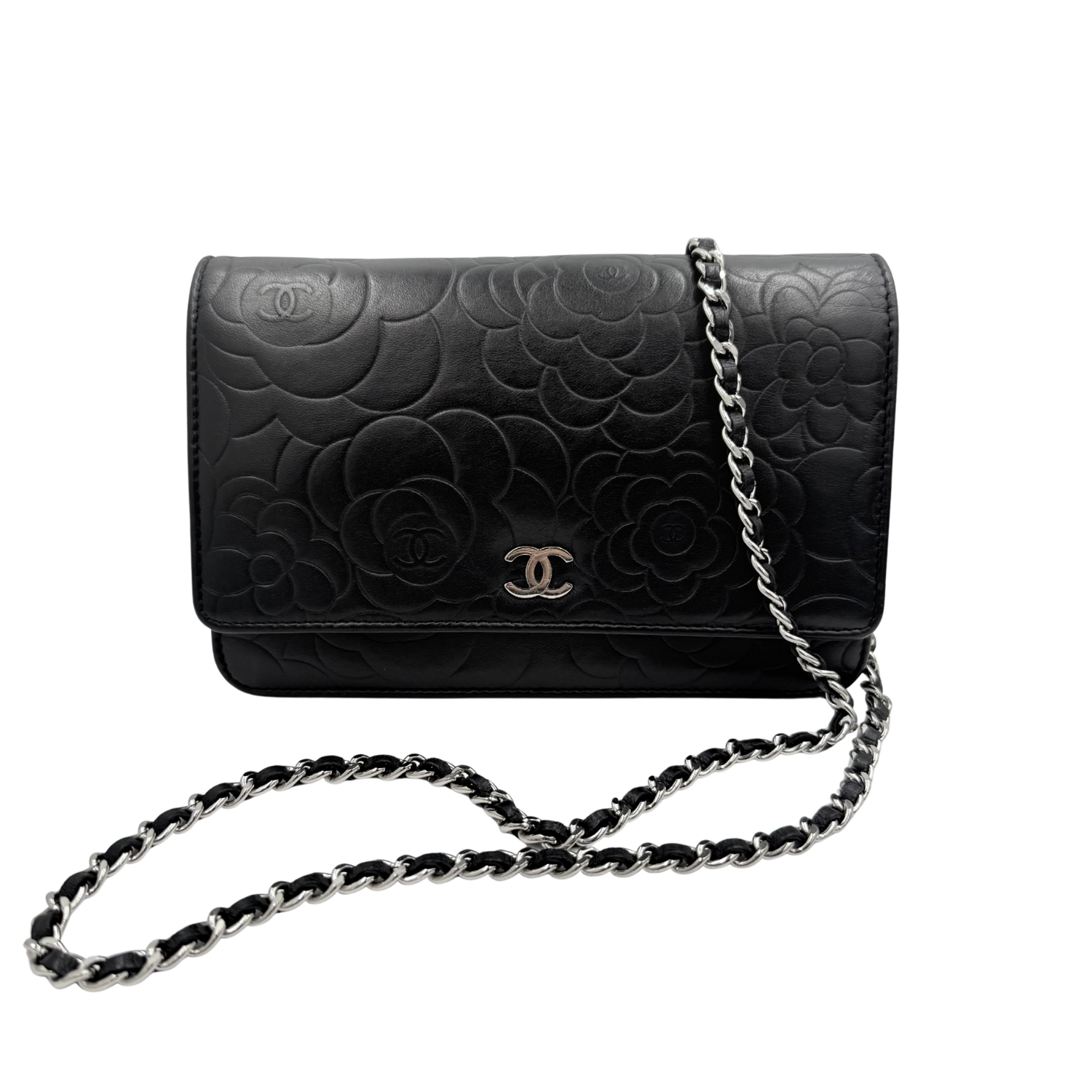 Chanel Camellia Embossed Wallet on Chain Black