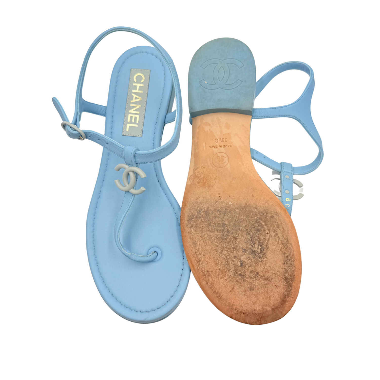 Chanel CC T-Strap Sandals Blue