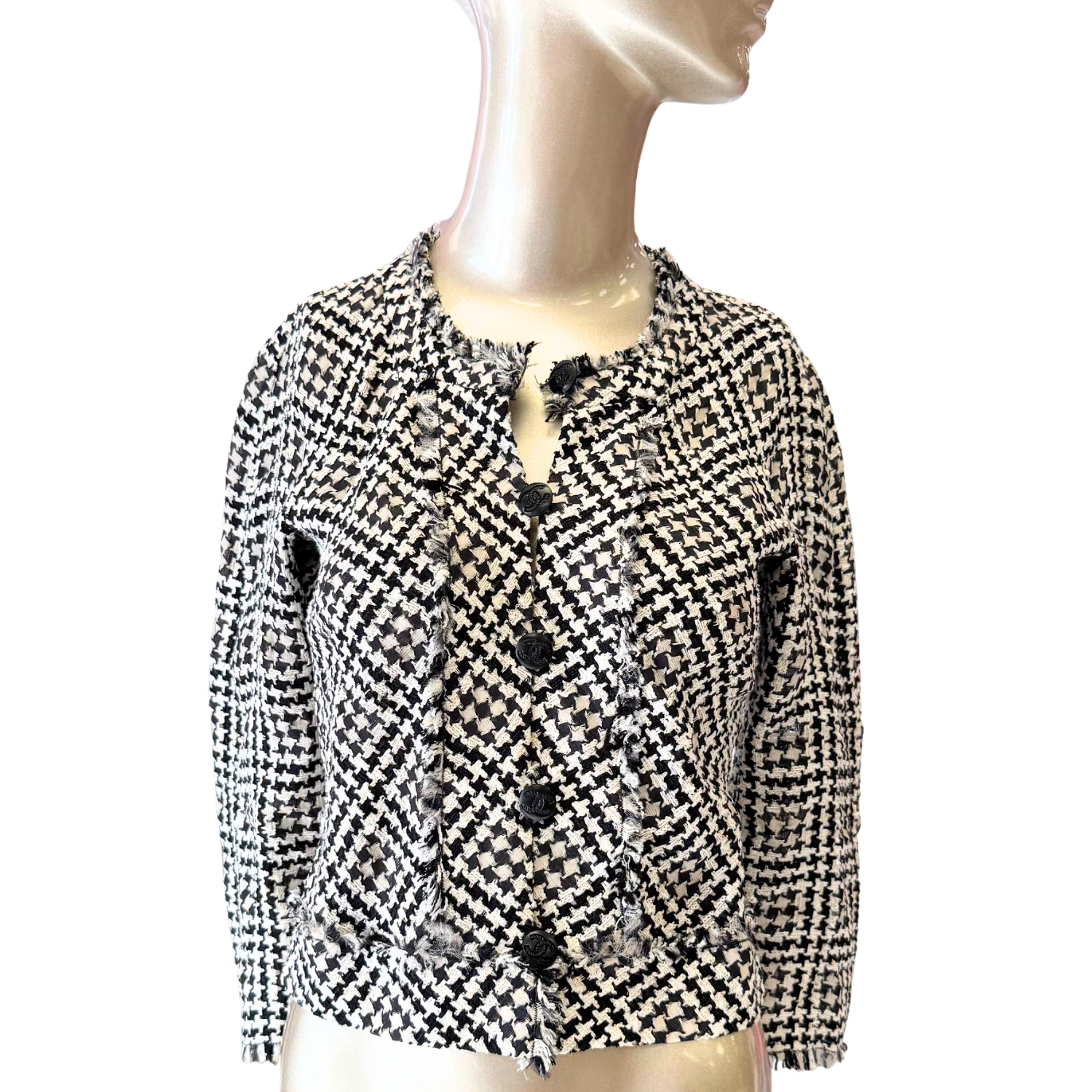 Chanel Tweed Silk Blend Blazer Houndstooth Pattern