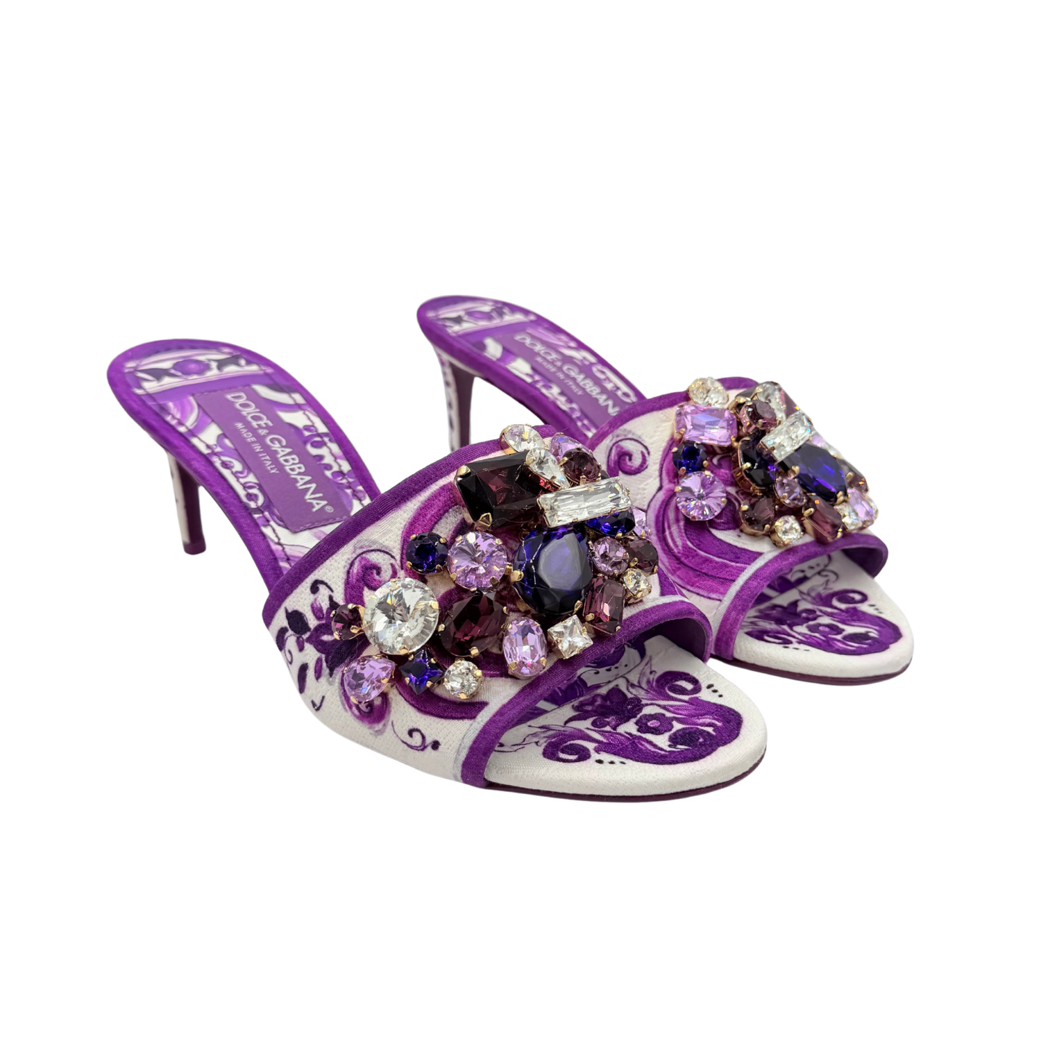 Dolce and Gabbana Brocade Kitten Heels with Jewel Embroidery Purple and White Size 38