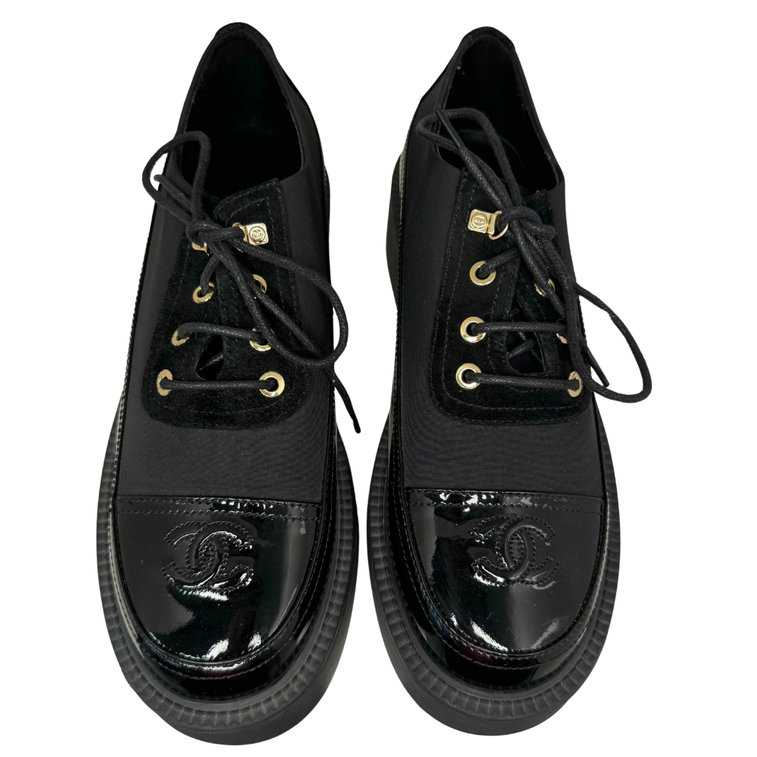 Chanel Lace Up Oxford Loafers Black