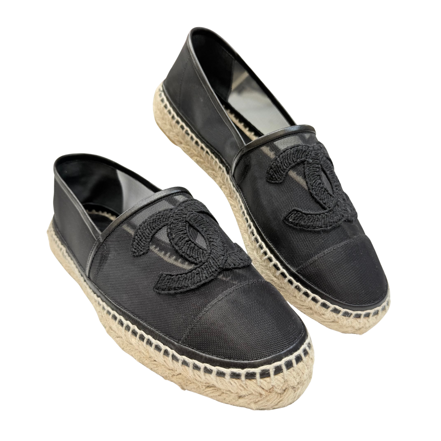 Chanel Interlocking CC Leather Trim Embellishment Espadrilles Black