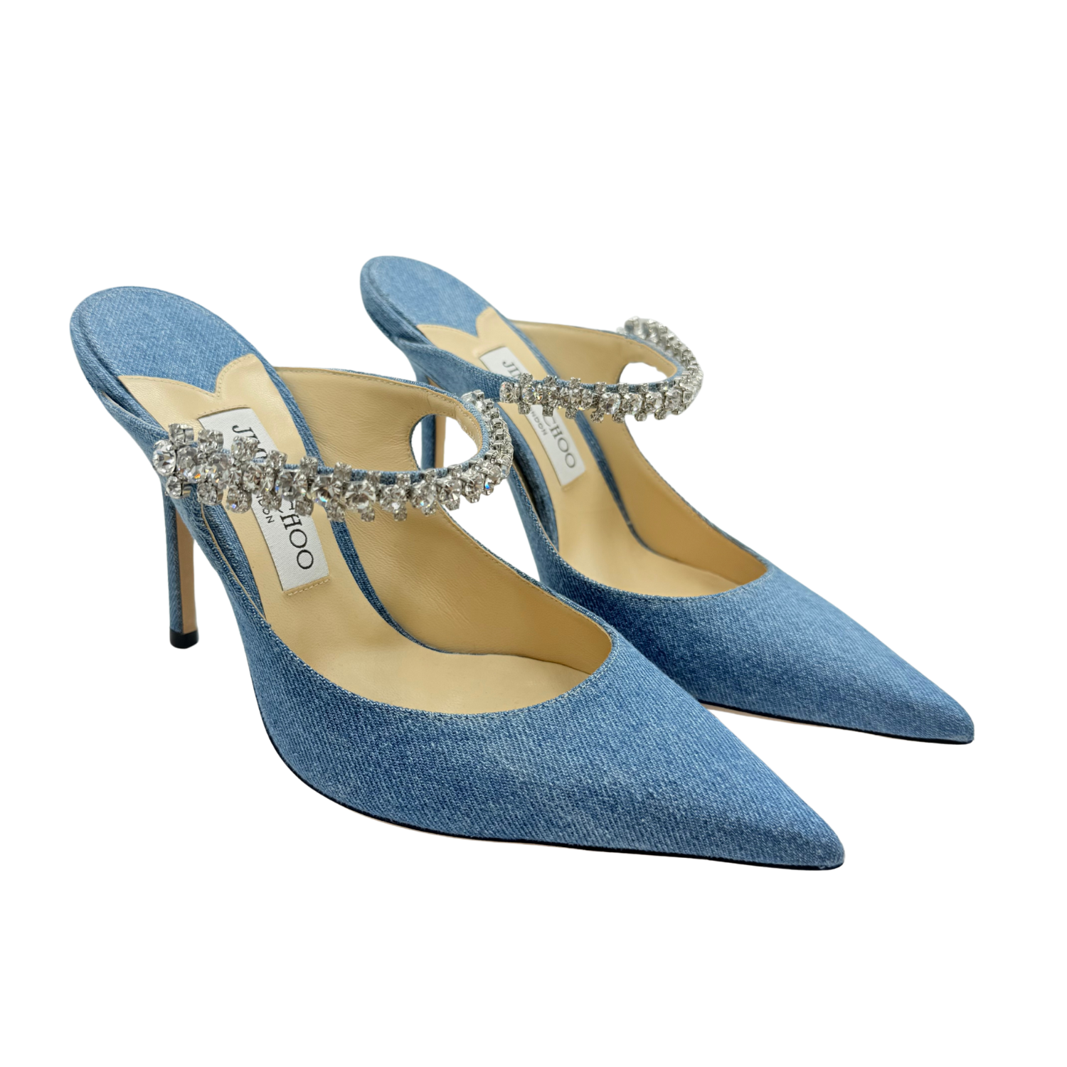 Jimmy Choo Bing 100 Crystal-Strap Heeled Mules Denim