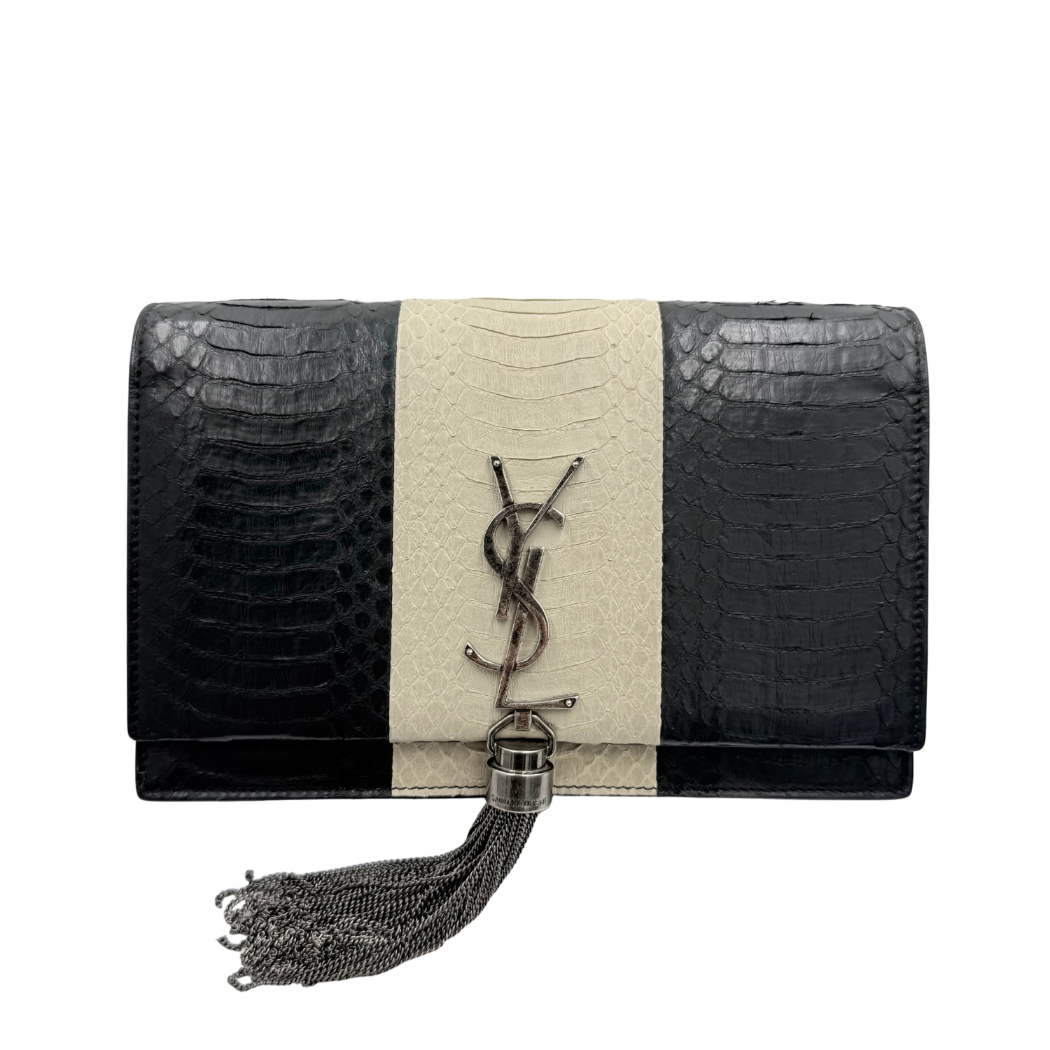 Yves Saint Laurent Small Classic Monogram Tassel Wallet on Chain Black Ecru