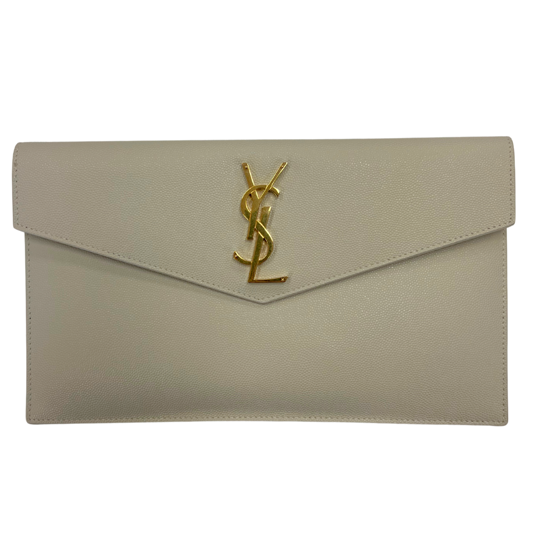 YSL Grain De Poudre Calfskin Uptown Pouch Crema