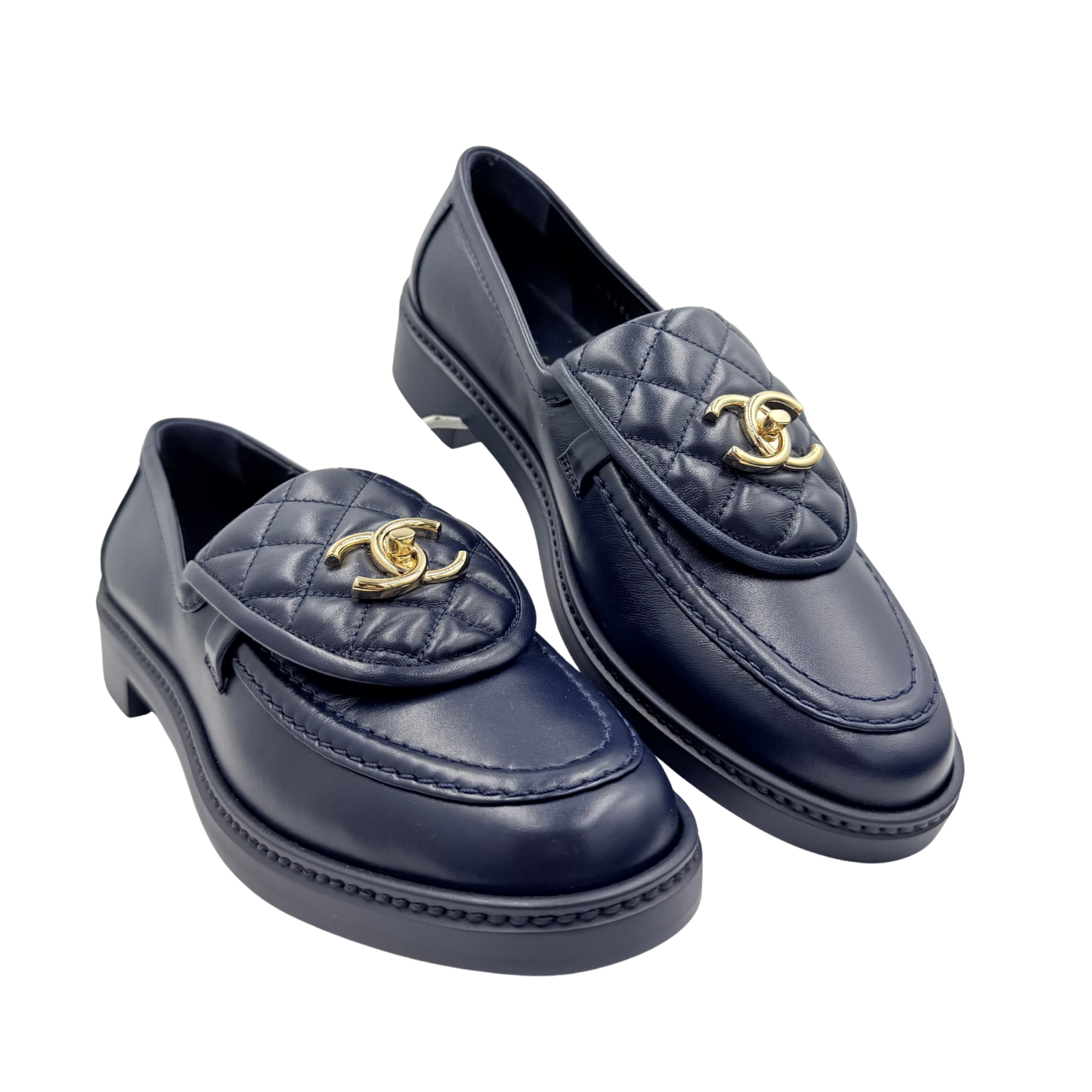 Chanel Quilted Lambskin CC Turnlock Loafers Navy