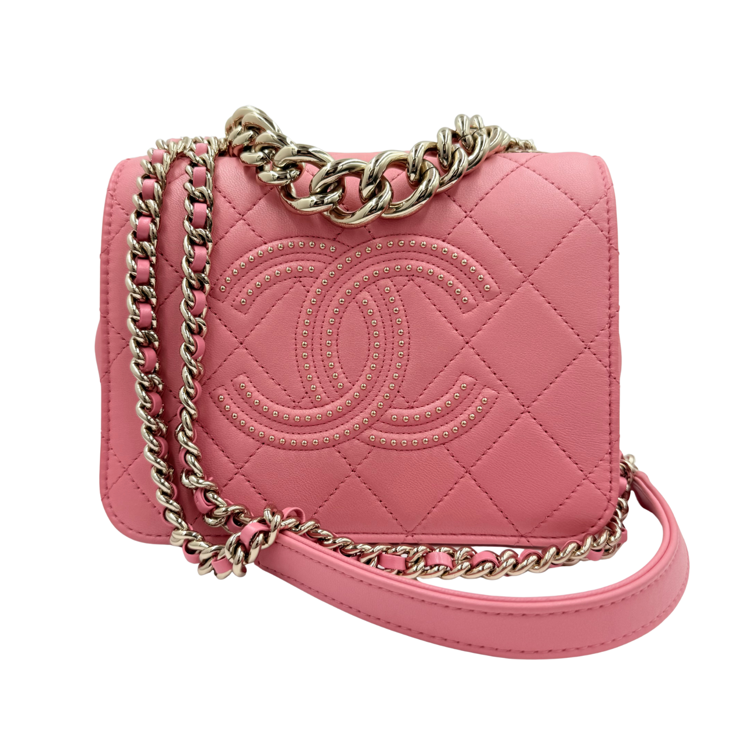 Chanel Small Studded CC Quilted Calfskin Leather Crossbody Bag Pink