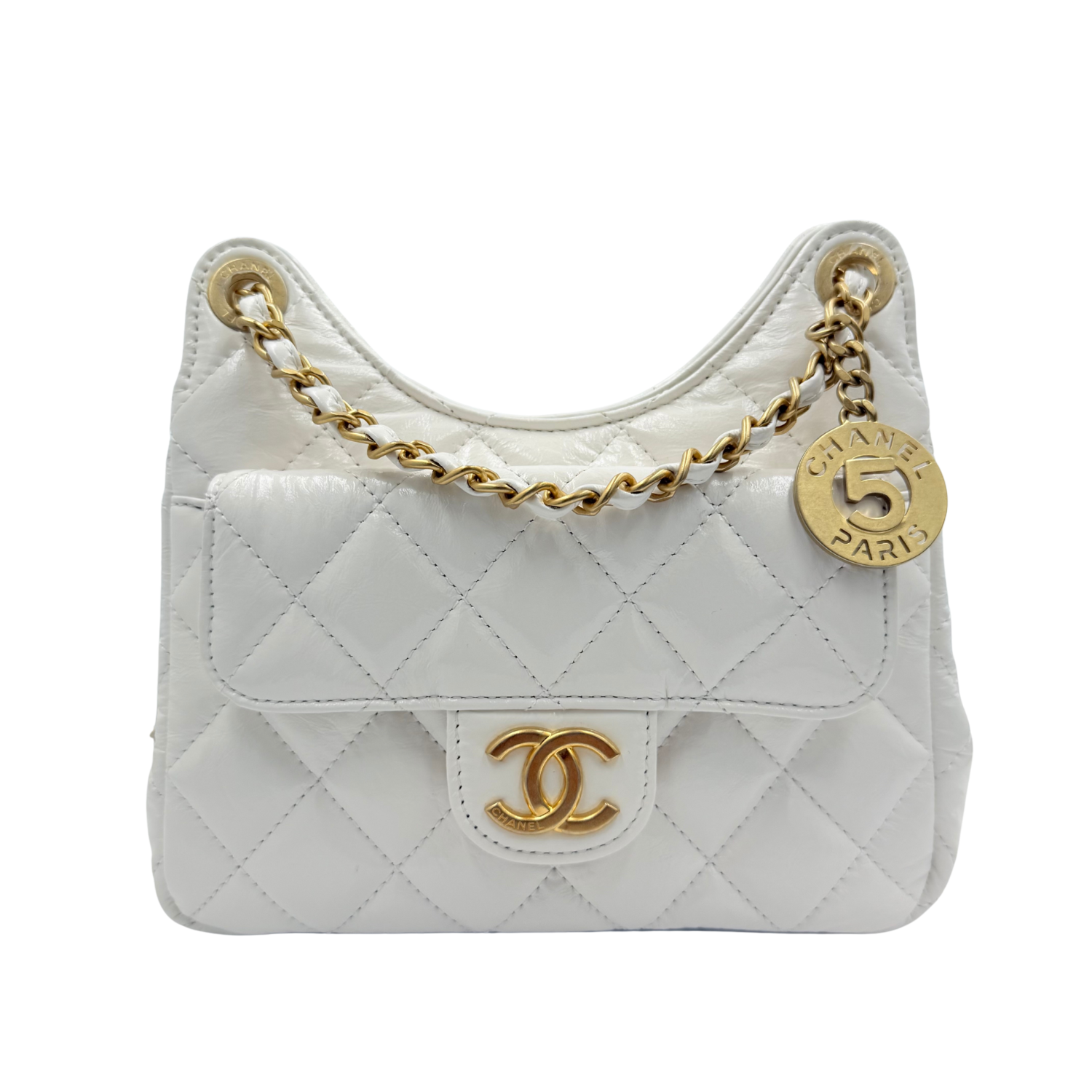 Chanel CC Small Shiny Crumpled Quilted Calfskin Wavy Hobo Bag White