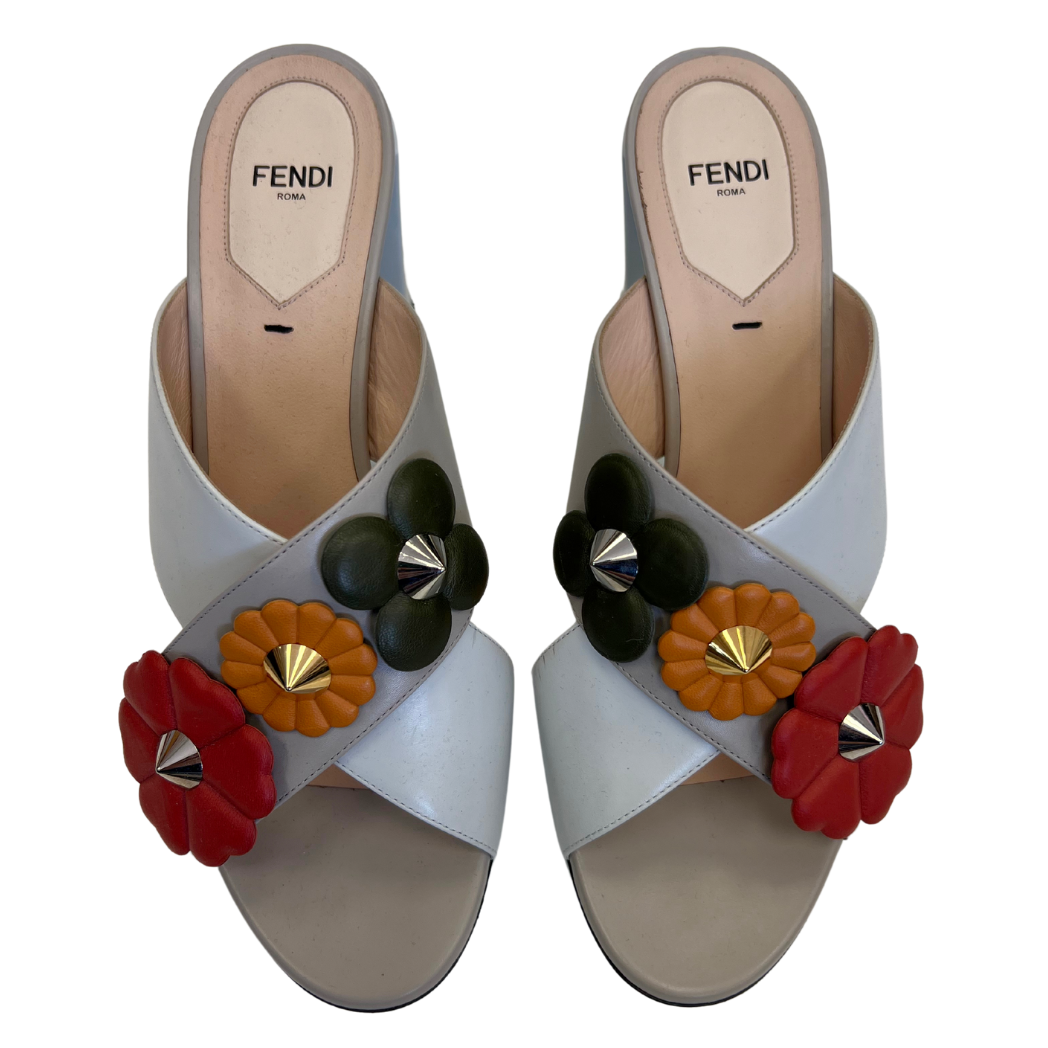 Fendi Leather FlowerLand Block Heel Sandals