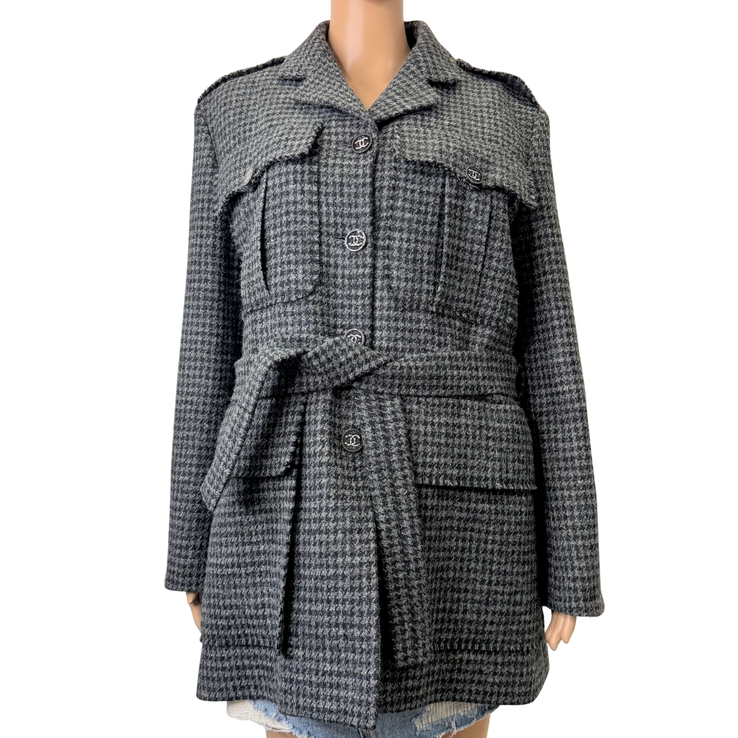 Chanel Houndstooth Print Trench Coat Gray and Black