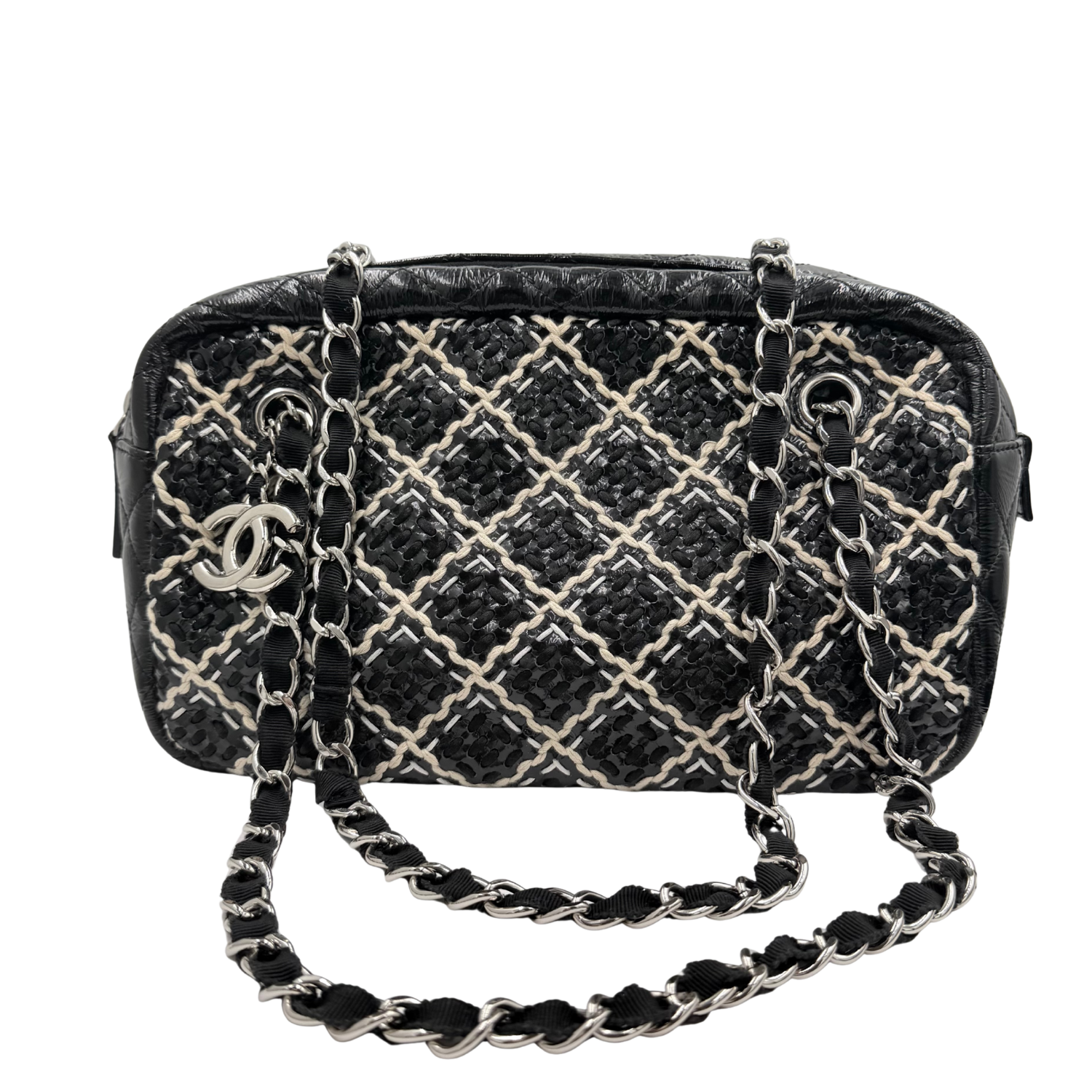 Chanel Camera Case Bag Diamond Woven Stitch Patent Leather Medium Black
